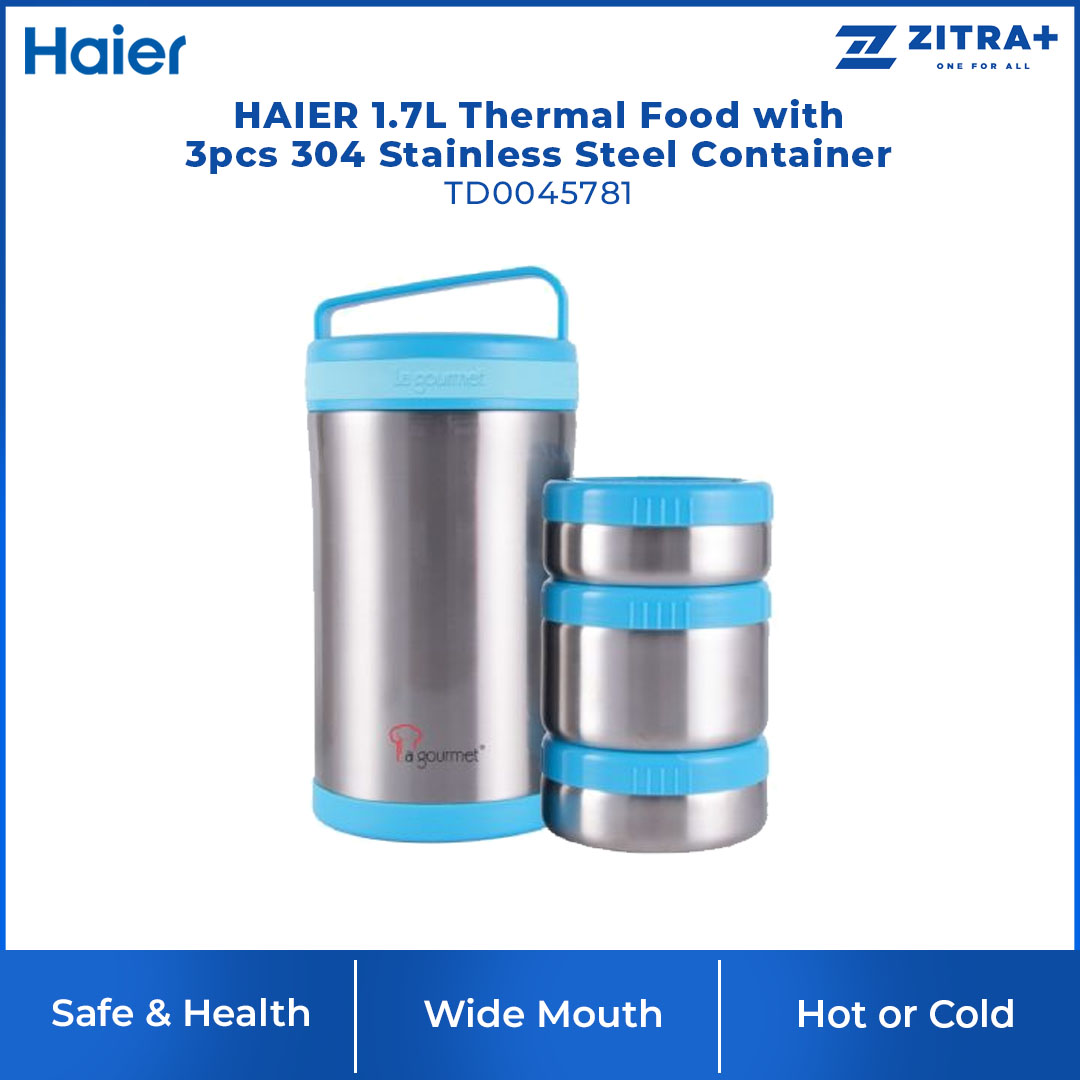 HAIER 1.7L Thermal Food with 3pcs 304 Stainless Steel Container TD0045781 | Unrivalled Heat/Cold Retention | Equip with 2 Functions | Wide Mouth | Mess Free | Safe and Healthy