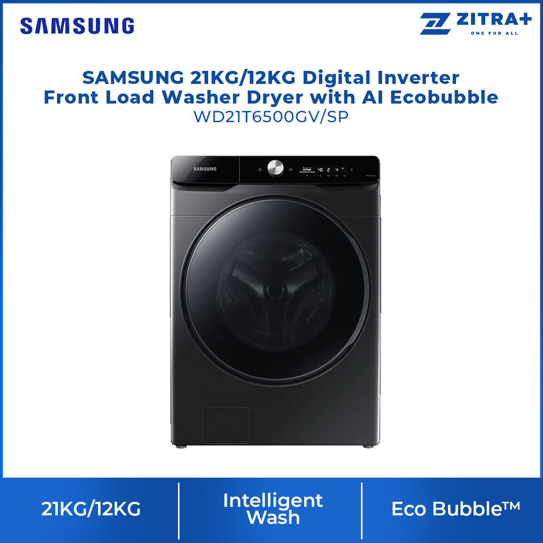 SAMSUNG 21KG/12KG Digital Inverter Front Load Washer Dryer with AI Ecobubble WD21T6500GV/SP | VRT+ | Air Wash | AI Control | Bubble Soak | Smart Control | Child Lock | Door Lock | Quick Wash | Steam | Auto Dispense | Washing Machine with 1 Year Warranty