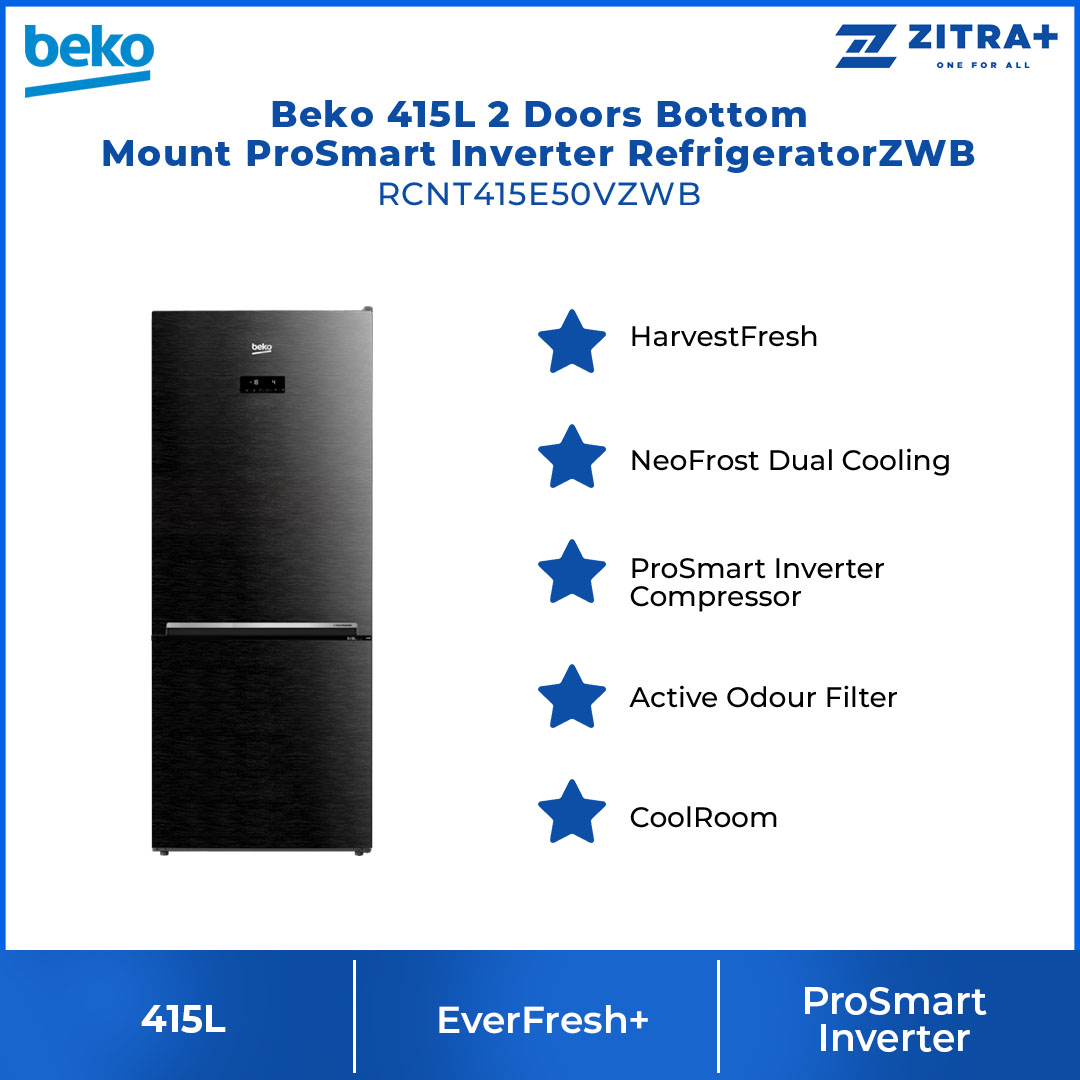 Beko 415L 2 Door Bottom Mount ProSmart Inverter Refrigerator RCNT415E50VZWB | 5* Energy Efficiency Class | ProSmart Inverter Compressor | Active Odour Filter | EverFresh+ | Refrigerator with 2 Years General Warranty & 12 Years Motor Warranty