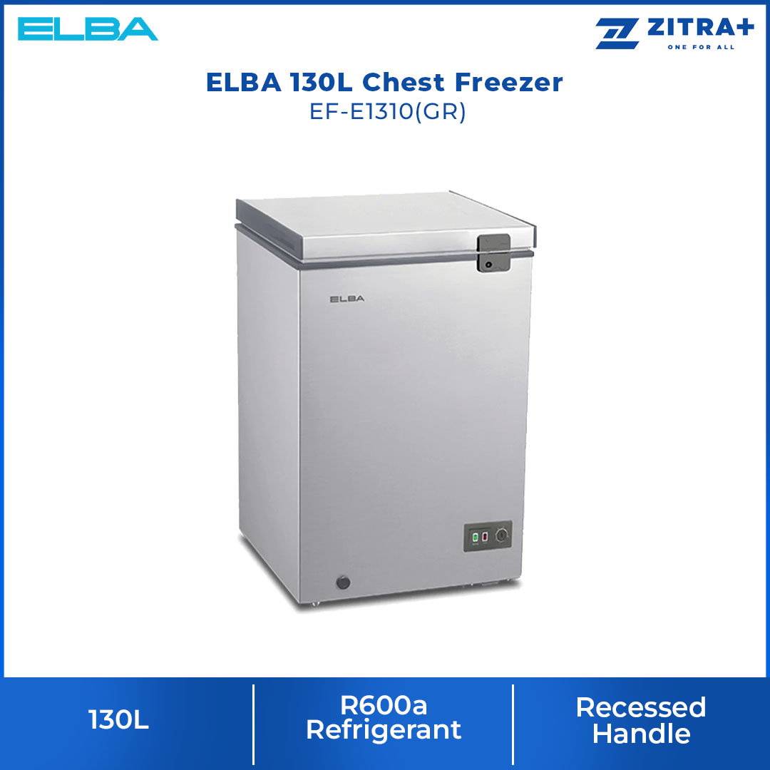 ELBA 130L|190L|260L Chest Freezer EF-E1310(GR)/EF-E1915(GR)/EF-E2620(GR) | R600a | Mechanical Control | Recessed Handle | Safety Lock | Chest Freezer with 1 Year General Warranty & 5 Years Motor Warranty
