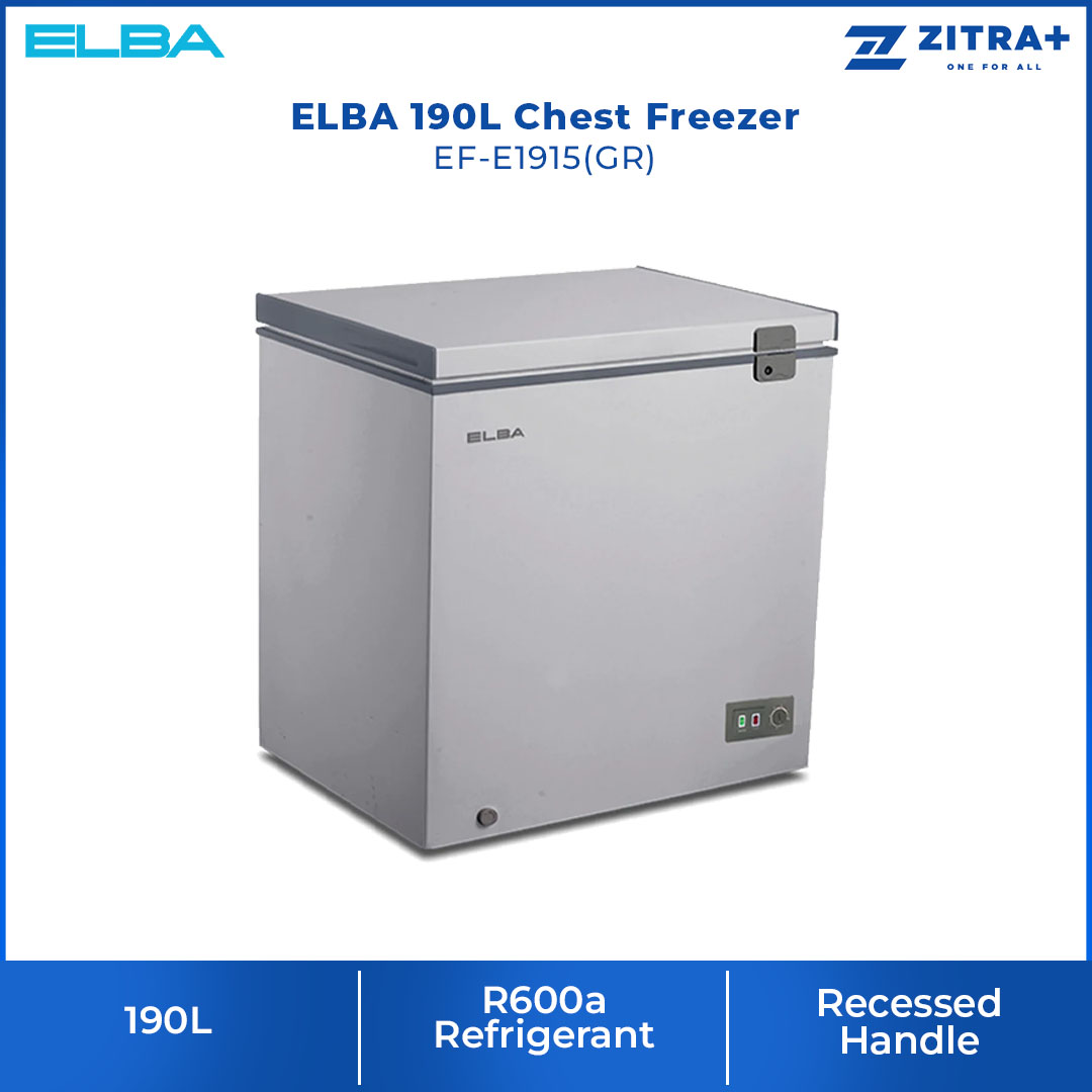 ELBA 130L|190L|260L Chest Freezer EF-E1310(GR)/EF-E1915(GR)/EF-E2620(GR) | R600a | Mechanical Control | Recessed Handle | Safety Lock | Chest Freezer with 1 Year General Warranty & 5 Years Motor Warranty