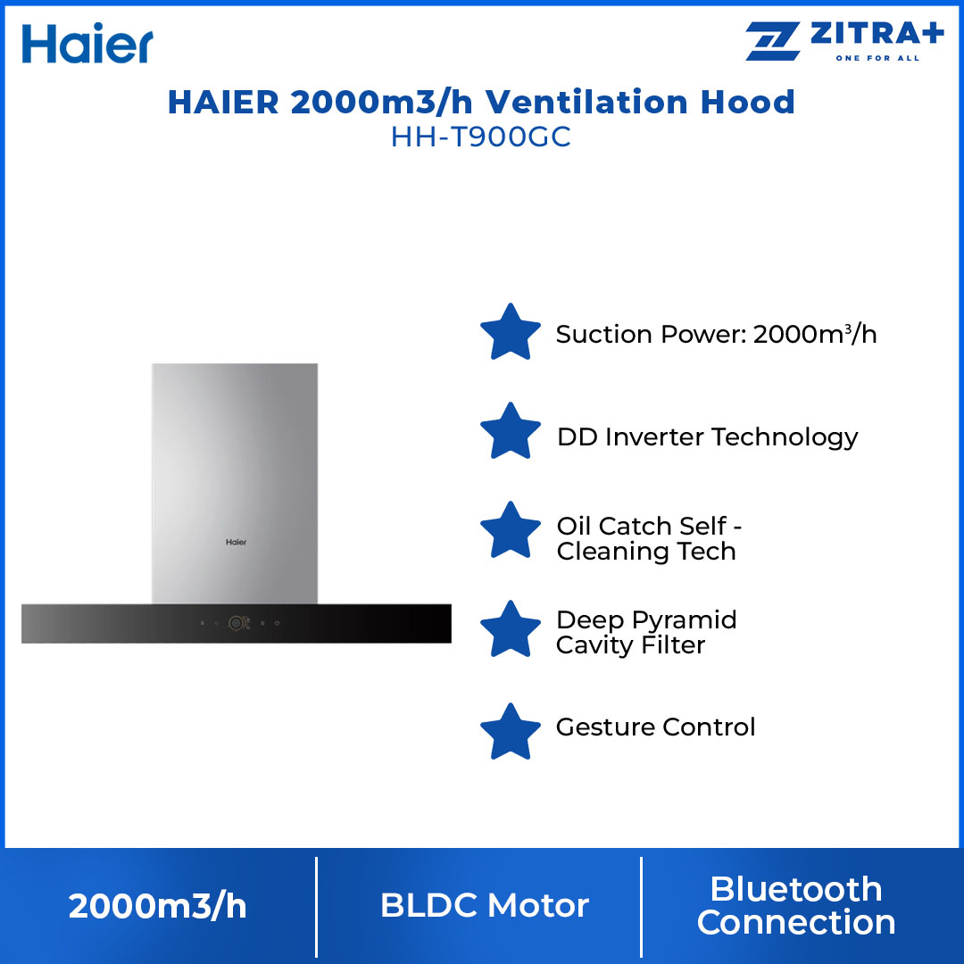 HAIER 2000m3/h Ventilation Hood HH-T900GC | BLDC Motor | Oil-Catch Self Clean Technology | Bluetooth Connection | Hood with 3 Year Warranty