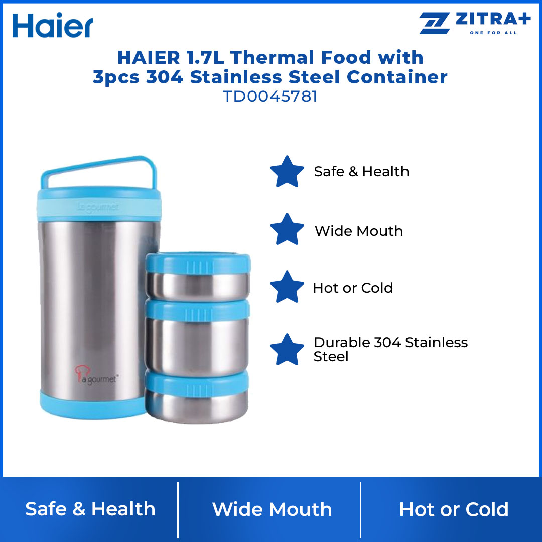 HAIER 1.7L Thermal Food with 3pcs 304 Stainless Steel Container TD0045781 | Unrivalled Heat/Cold Retention | Equip with 2 Functions | Wide Mouth | Mess Free | Safe and Healthy