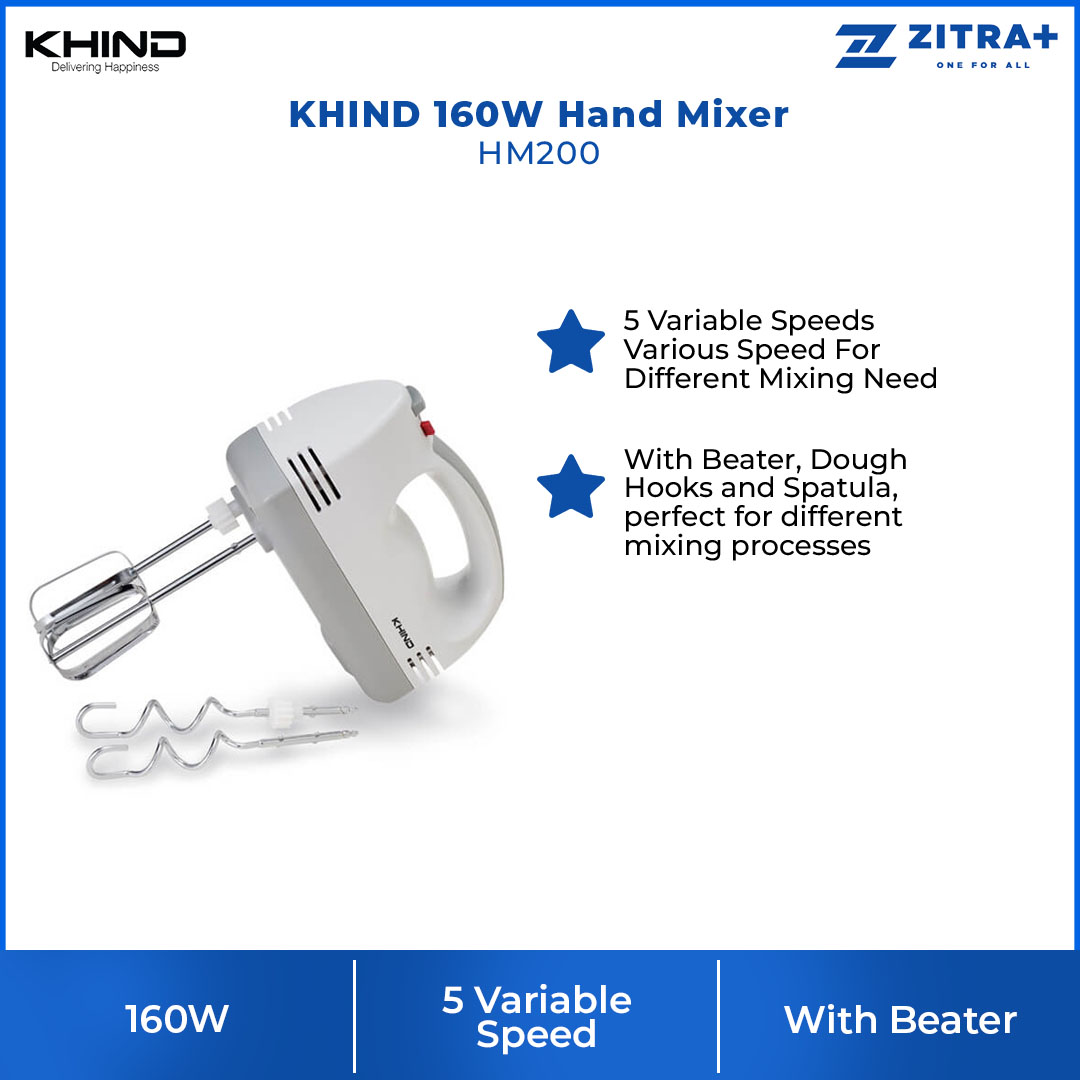 KHIND 160W Hand Mixer HM200 | 5 Variable Speeds | With Beater, Dough Hooks and Spatula | Hand Mixer with 1 Year Warranty