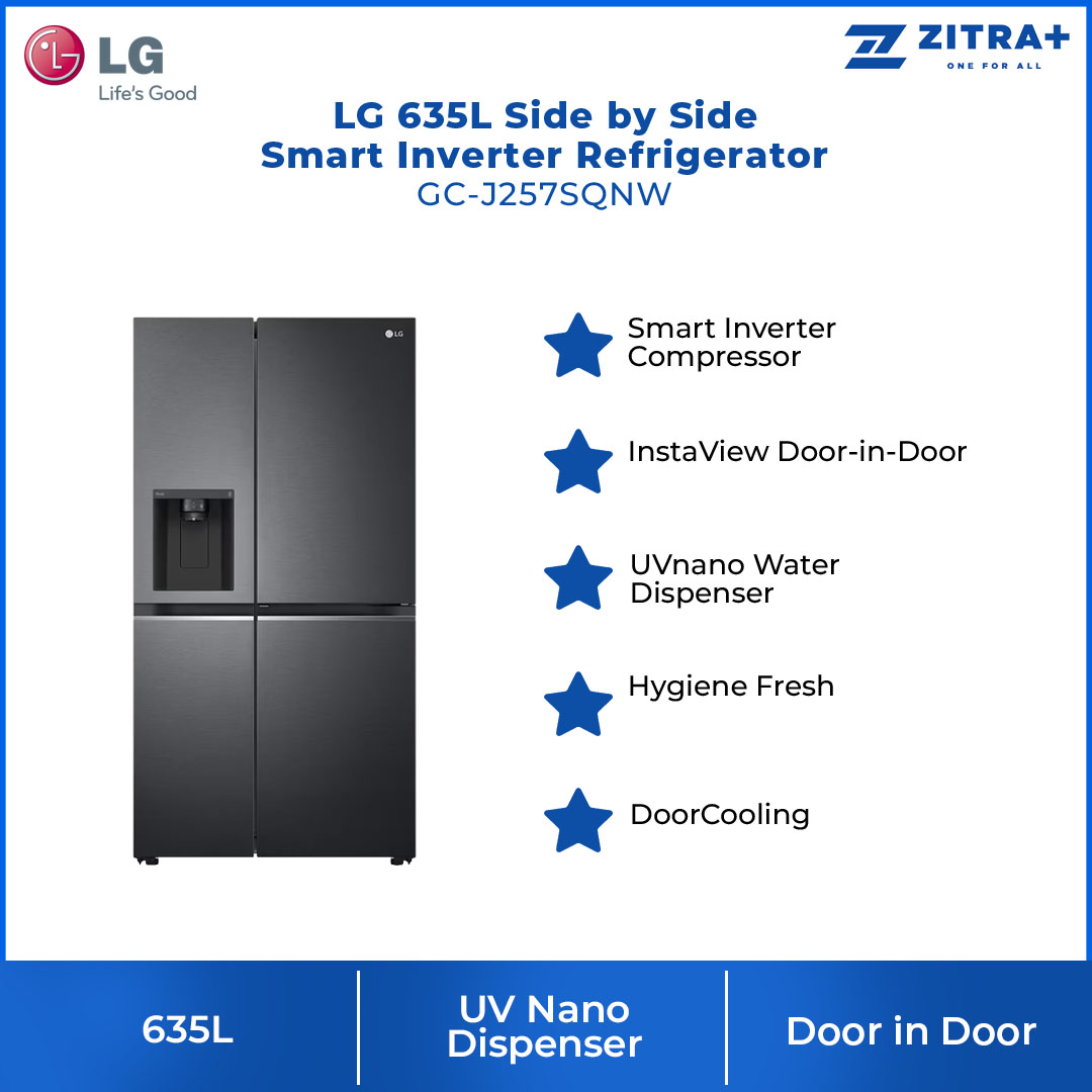 LG 635L Side by Side Smart Inverter Refrigerator Matte GC-J257SQNW | Remote Control | Smart Alert | DoorCooling+™ | LinearCooling™ | Exprese Cool | Refrigerator with 1 Year Warranty