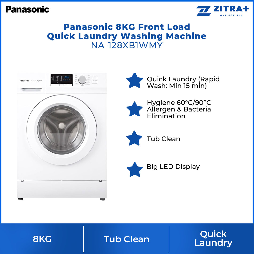 Panasonic 8KG Front Load Quick Laundry Washing Machine NA-128XB1WMY | Big LED Display | Tub Clean | Quick Laundry | Hygiene 60°C/90°C | Washing Machine with 1 Year Warranty