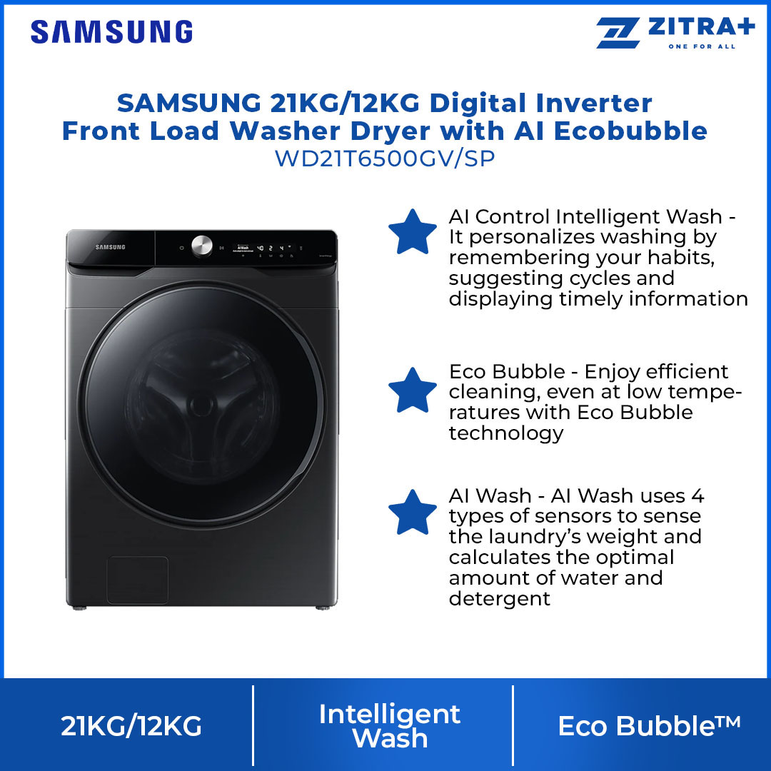 SAMSUNG 21KG/12KG Digital Inverter Front Load Washer Dryer with AI Ecobubble WD21T6500GV/SP | VRT+ | Air Wash | AI Control | Bubble Soak | Smart Control | Child Lock | Door Lock | Quick Wash | Steam | Auto Dispense | Washing Machine with 1 Year Warranty