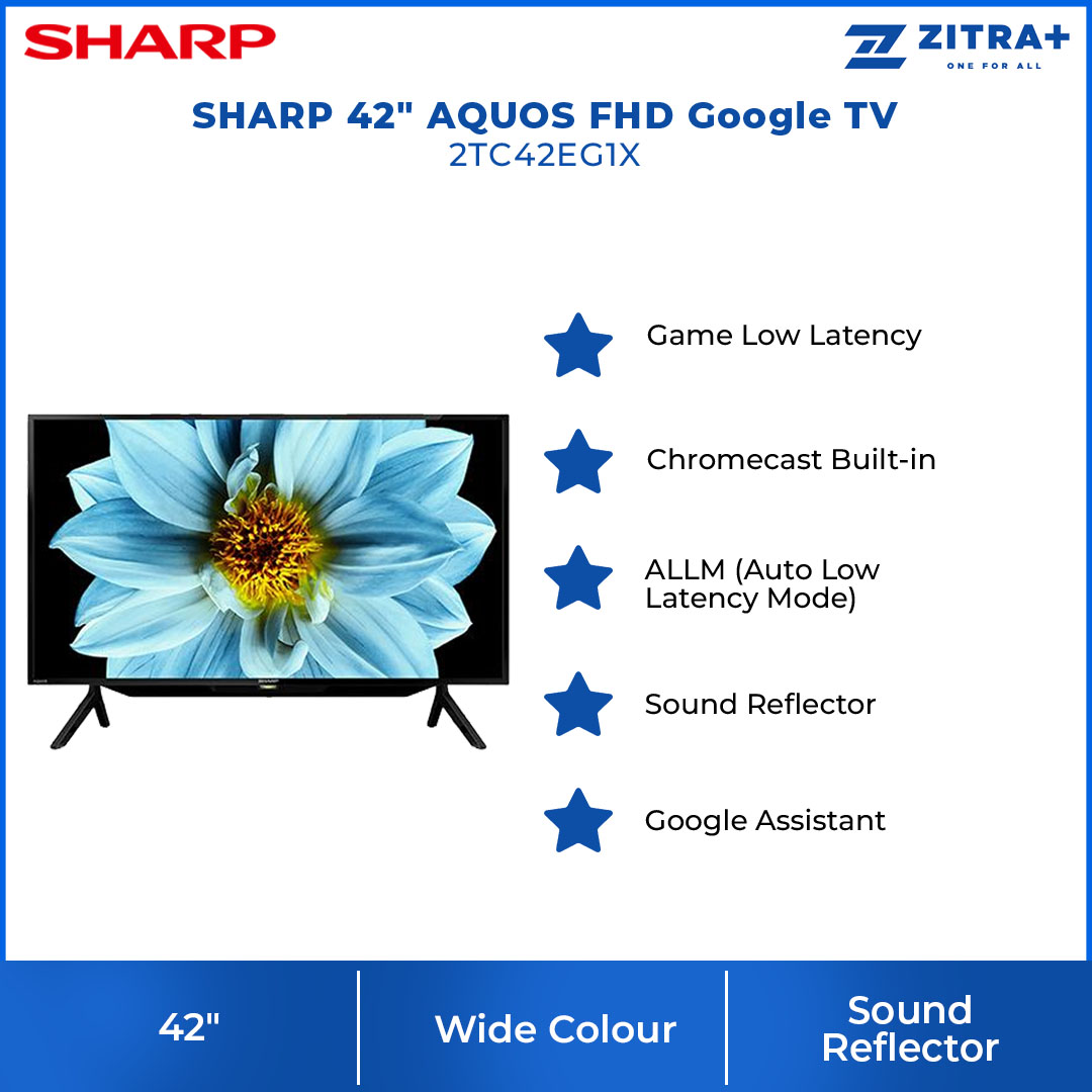 SHARP 42" AQUOS FHD Google TV 2TC42EG1X | X4 Revelation Processor | Slim Bezel Design | Sound Reflector | OK Google | Game Low Latency | Comfort Mode | Chromecast Built-In | Google TV with 2 Year Warranty