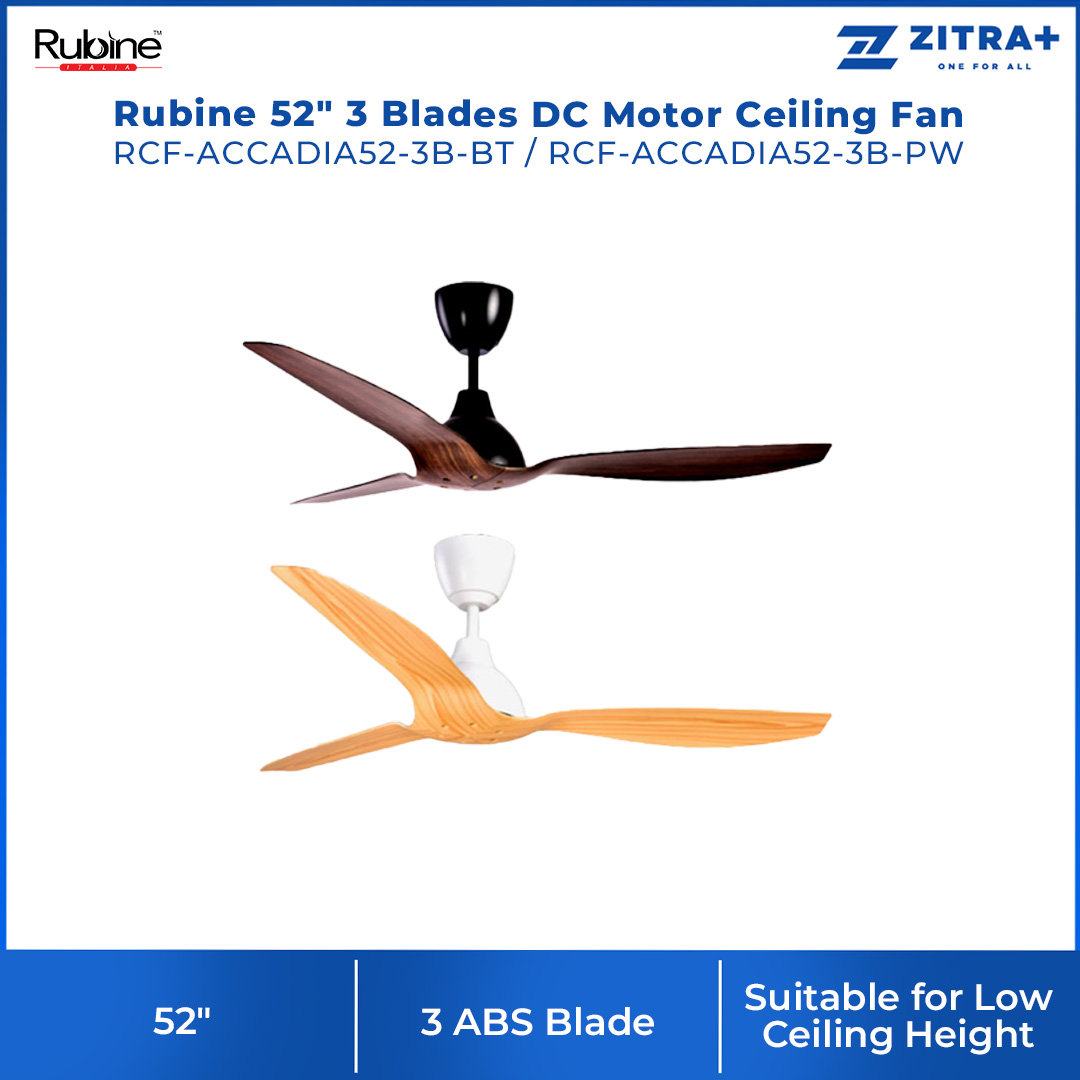Rubine 52" 3 Blades DC Motor Ceiling Fan | RCF-ACCADIA52-3B-BT / CF-ACCADIA52-3B-PW | 6F+6R Speed RF Remote Control | Last Memory | Sleep Mode | Ceiling Fan with 1 Year Warranty