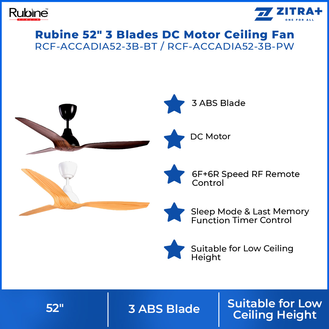 Rubine 52" 3 Blades DC Motor Ceiling Fan | RCF-ACCADIA52-3B-BT / CF-ACCADIA52-3B-PW | 6F+6R Speed RF Remote Control | Last Memory | Sleep Mode | Ceiling Fan with 1 Year Warranty