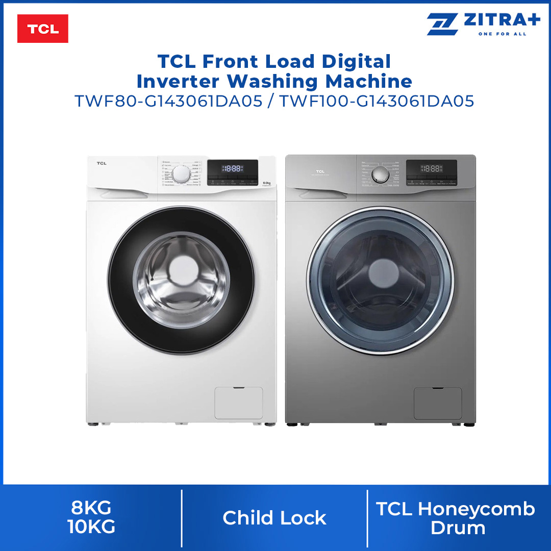 TCL 8/10KG Front Load Digital Inverter Washing Machine TWF80-G143061DA05 | Digital Inverter Motor | Steam Wash | Heat Sterilization | Add Garment | Drum Clean | 24 Hours Delay | Child Lock | Washing Machine with 2 Year Warranty