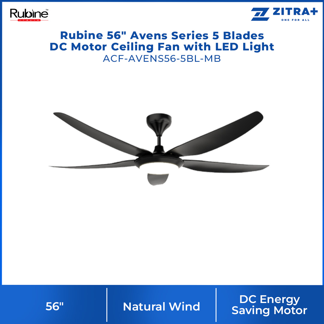 Rubine 56" Avens Series 5 Blades DC Motor Ceiling Fan with LED ACF-AVENS56-5BL-MB | 9F+9R Speed RF Remote Control | Sleep Mode | Ceiling Fan with 1 Year Warranty