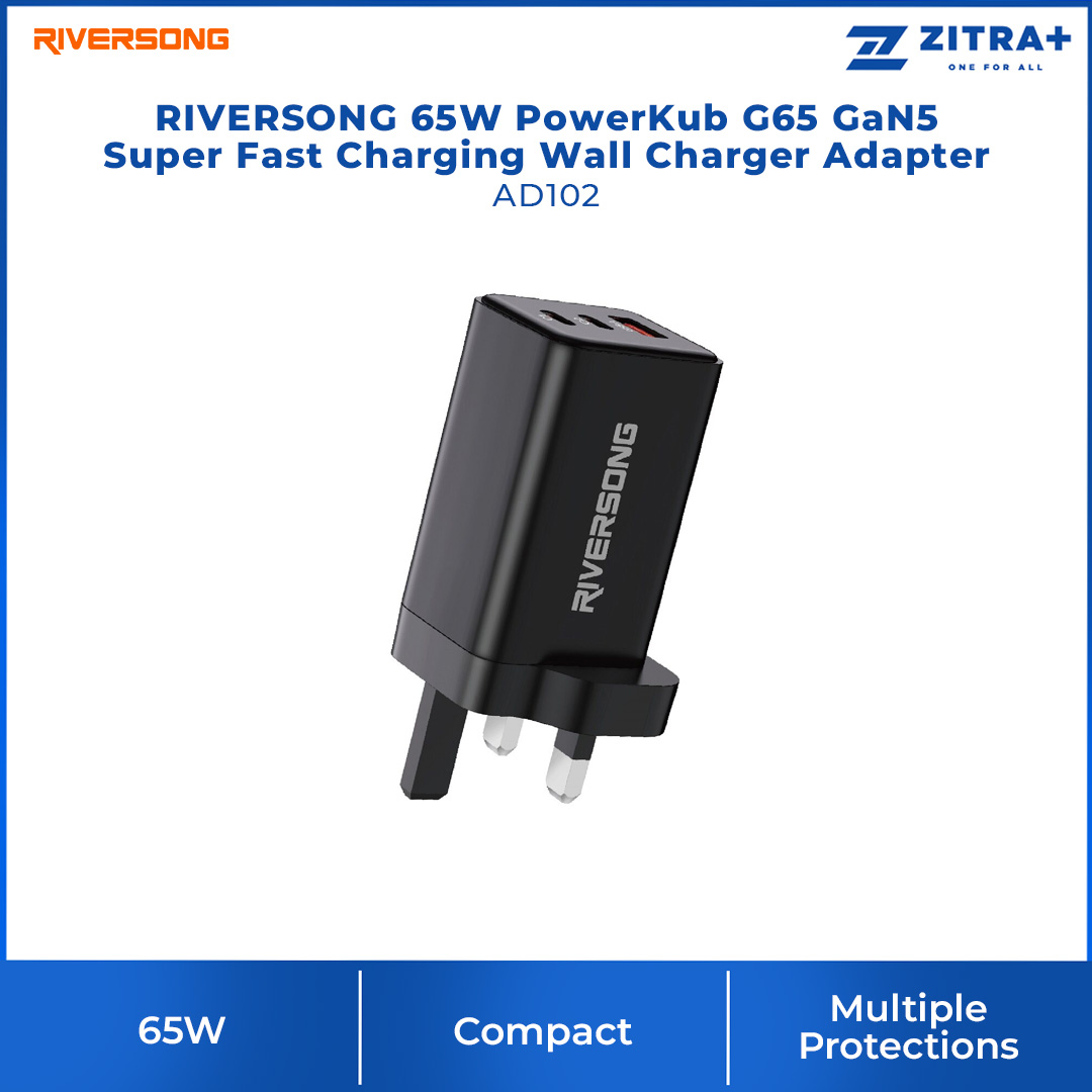 RIVERSONG 65W PowerKub G65 GaN5 Super Fast Charging Wall Charger Adapter AD102 | Advance Gan Tech | Multiple Protection | Adapter with 1 Year warranty