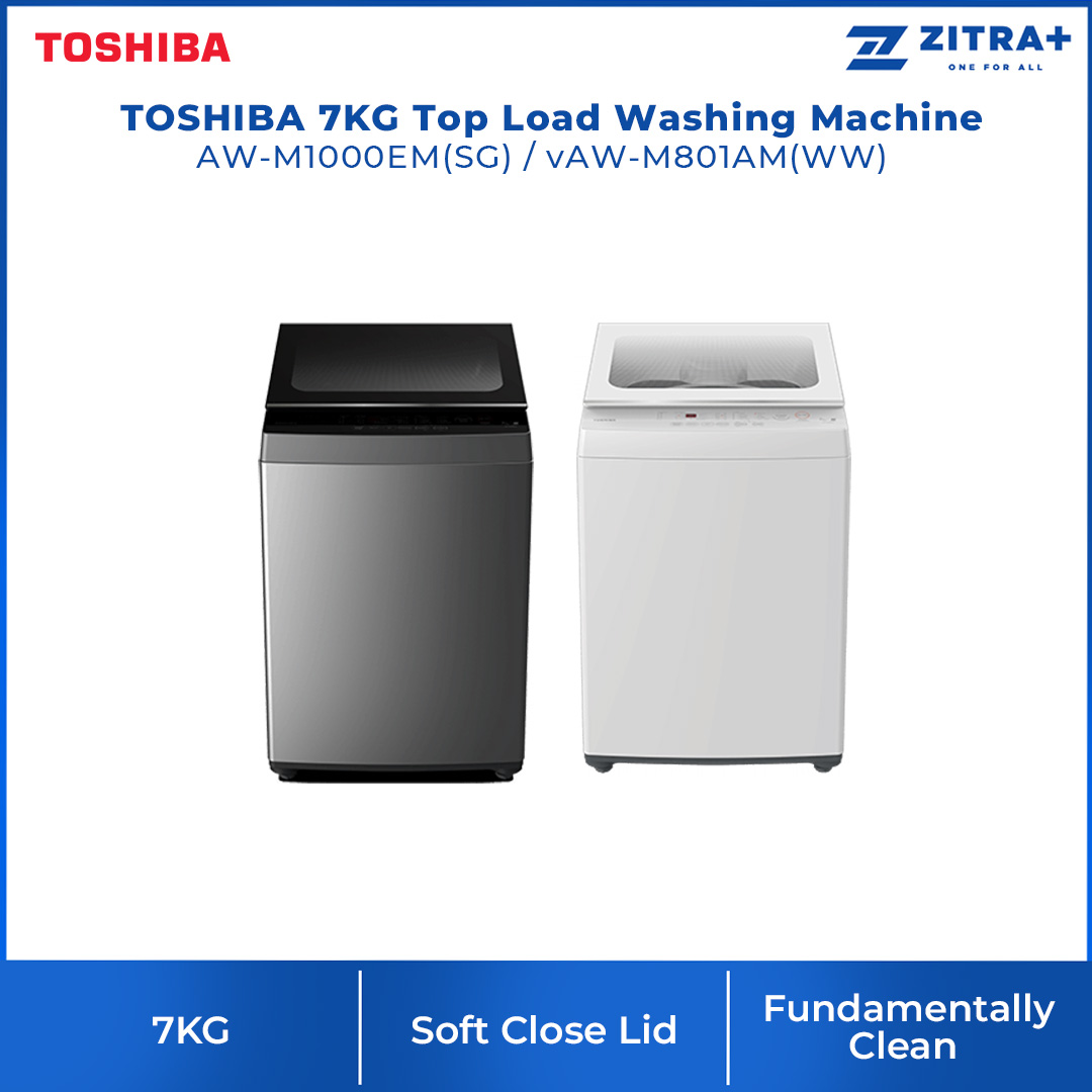 Toshiba 7KG Top Load Washing Machine AW-M801AM(SG) / AW-M801AM(WW) | Humanized Design | Fundamentally Clean | Practical Programs | Washing Machine with 2 Years Warranty