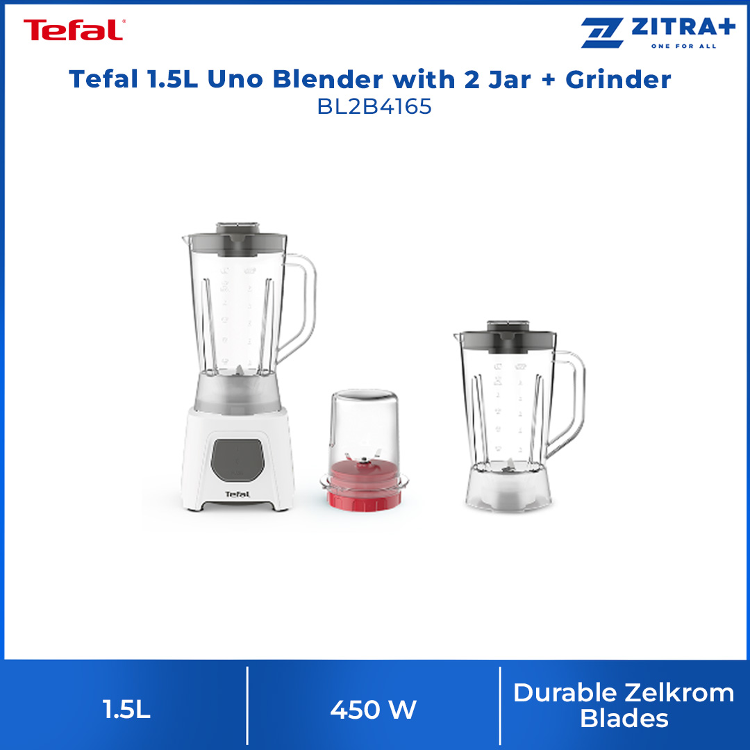 Tefal 1.5L Uno Blender with 2 Jar + Grinder BL2B4165 | 450W Power | Dishwasher Safe | Ice Crush Function | Dosing Cup | Blender with 2 Year Warranty