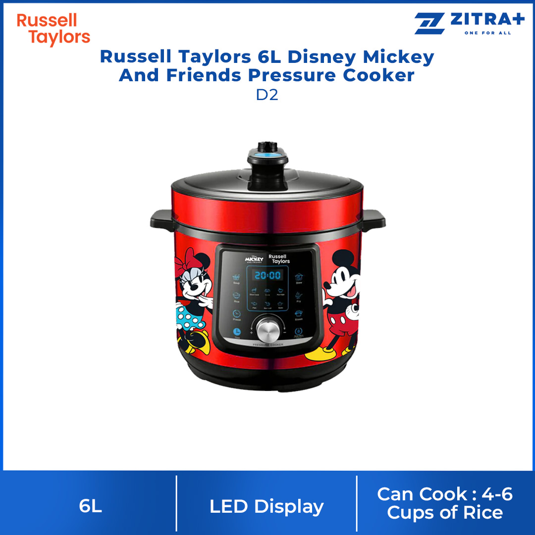 Russell Taylors 6L Disney Mickey And Friends Pressure Cooker D2 | 24 Hour Delay Time | Keep Warm Function | 10 Preset Programs | LED Display | Cooker with 2 Year Warranty