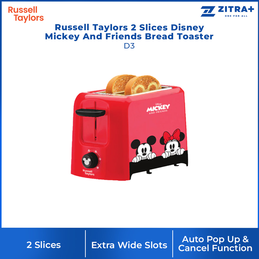 Russell Taylors 2 Slices Disney Mickey And Friends Bread Toaster D3 | 750W Power | 5-Level Adjustable Browning Control | Extra Wide Slots | Toaster with 2 Year Warranty