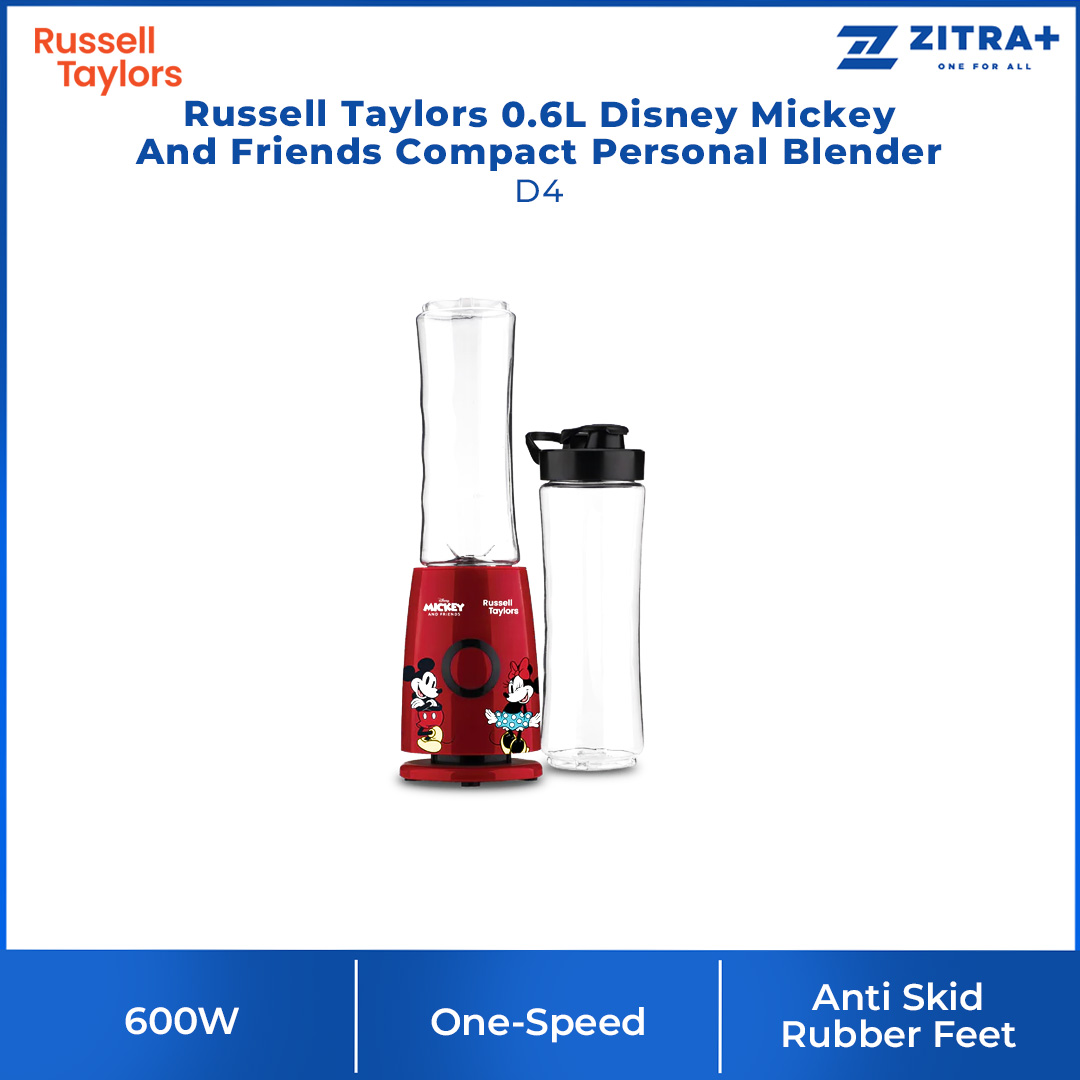 Russell Taylors 0.6L Disney Mickey And Friends Compact Personal Blender D4 | 600W Power | 4 Powerful Stainless Steel Blade | Nutrient Extraction | Blender with 2 Year Warranty