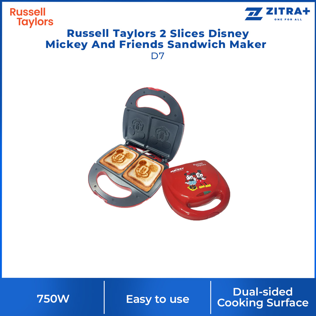 Russell Taylors 2 Slices Disney Mickey And Friends Sandwich Maker D7 | 750W Power | Mickey Mouse Imprinted Toast | Automatic Temperature Control | Sandwich Maker with 2 Year warranty