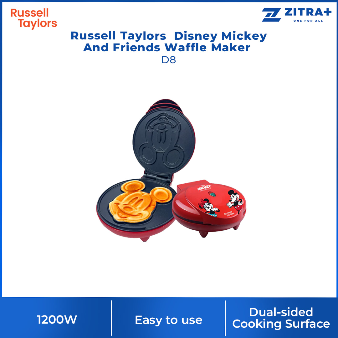 Russell Taylors Disney Mickey And Friends Waffle Maker D8 | 1200W Power | Non Stick Surface | Mickey Mouse Shaped Waffle | Waffle Maker with 2 Year Warranty