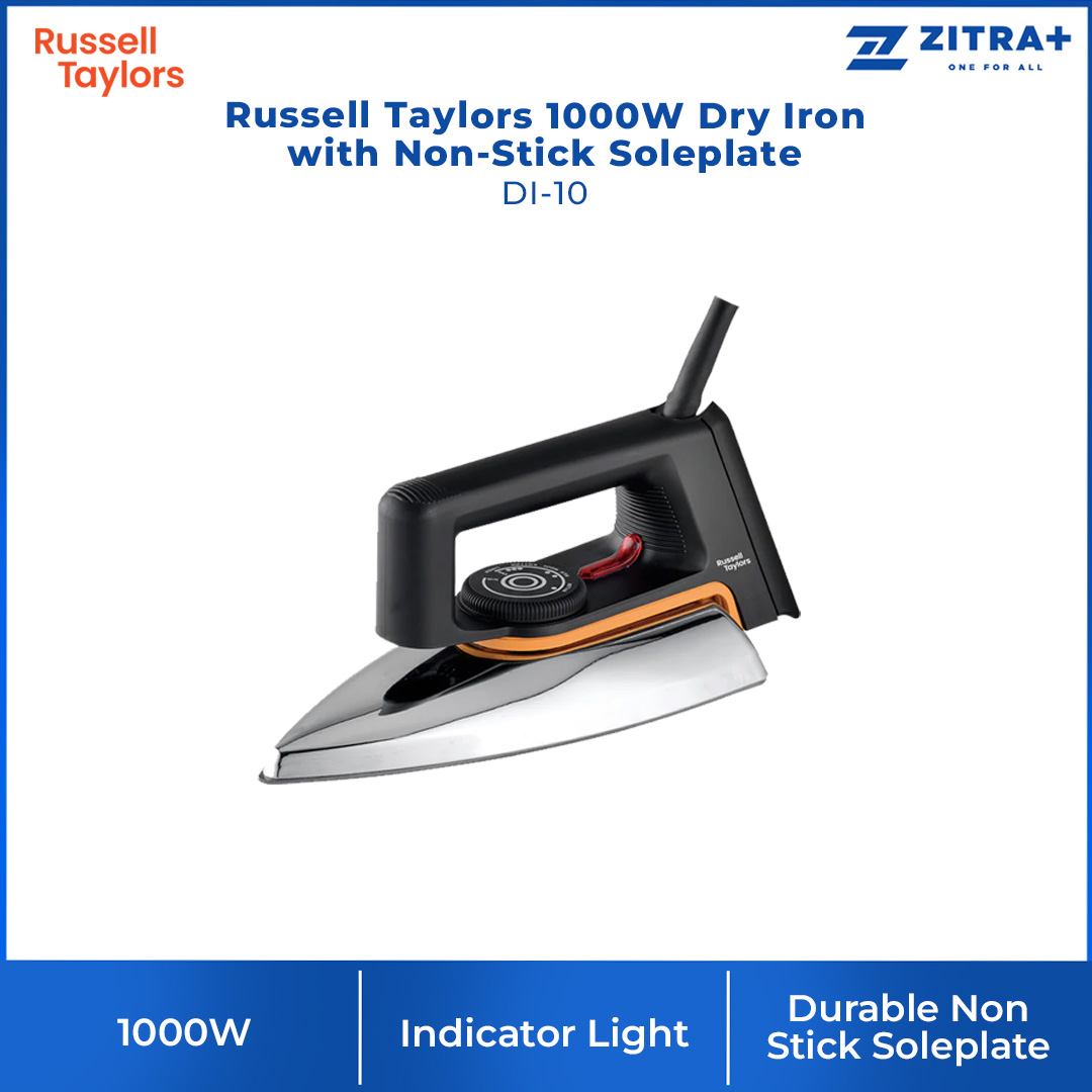 Russell Taylors 1000W Dry Iron with Non-Stick Soleplate DI-10 | Temperature Control Dial | Indicator Light | Portable Dry Iron | Iron with 2 Year Warranty