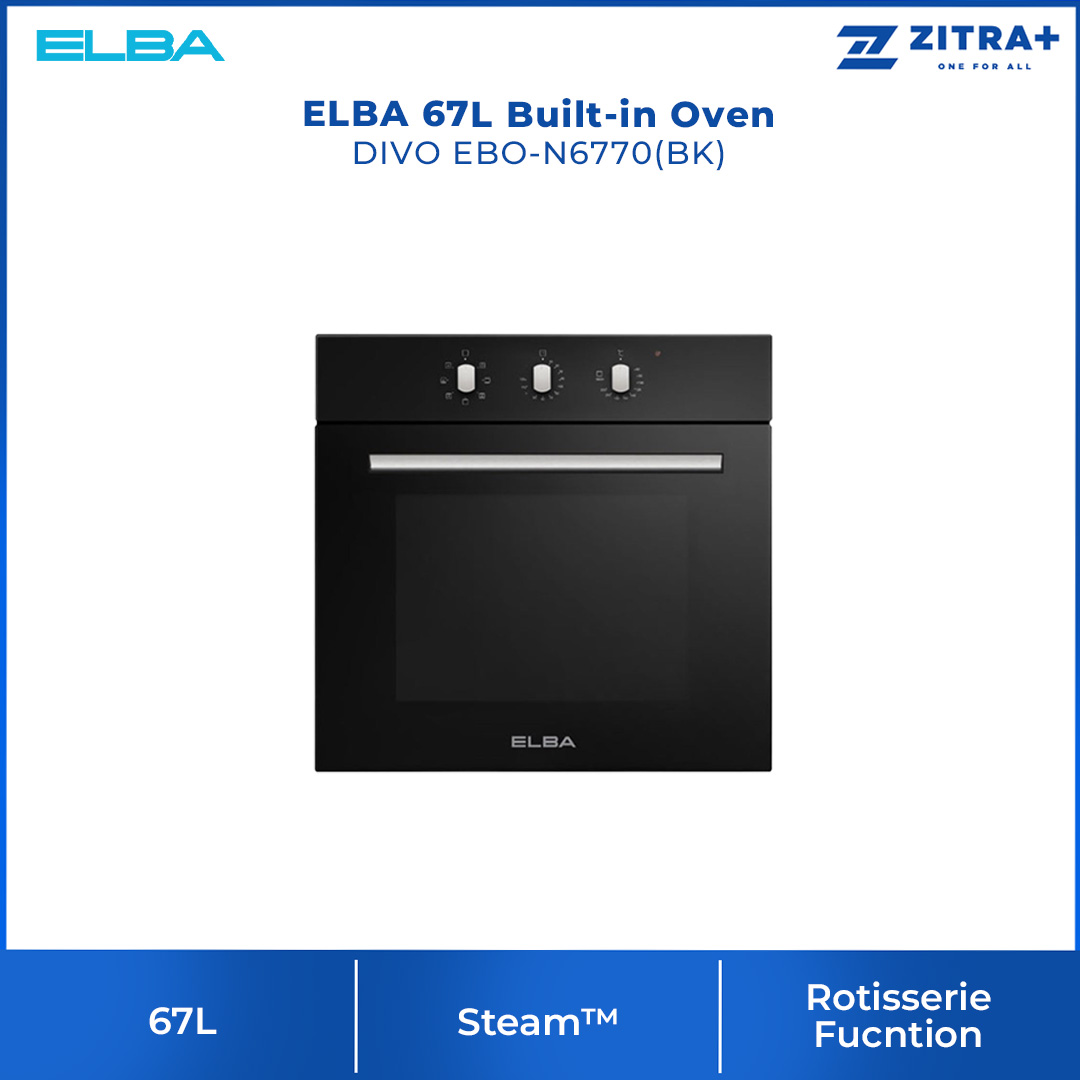 ELBA 67L : Built-in Oven DIVO EBO-N6770(BK) | Mechanical Control with Timer | Triple Glazed Glass Door | Cavity Coolin | Ovens with 1 Year Manufacturer Warranty