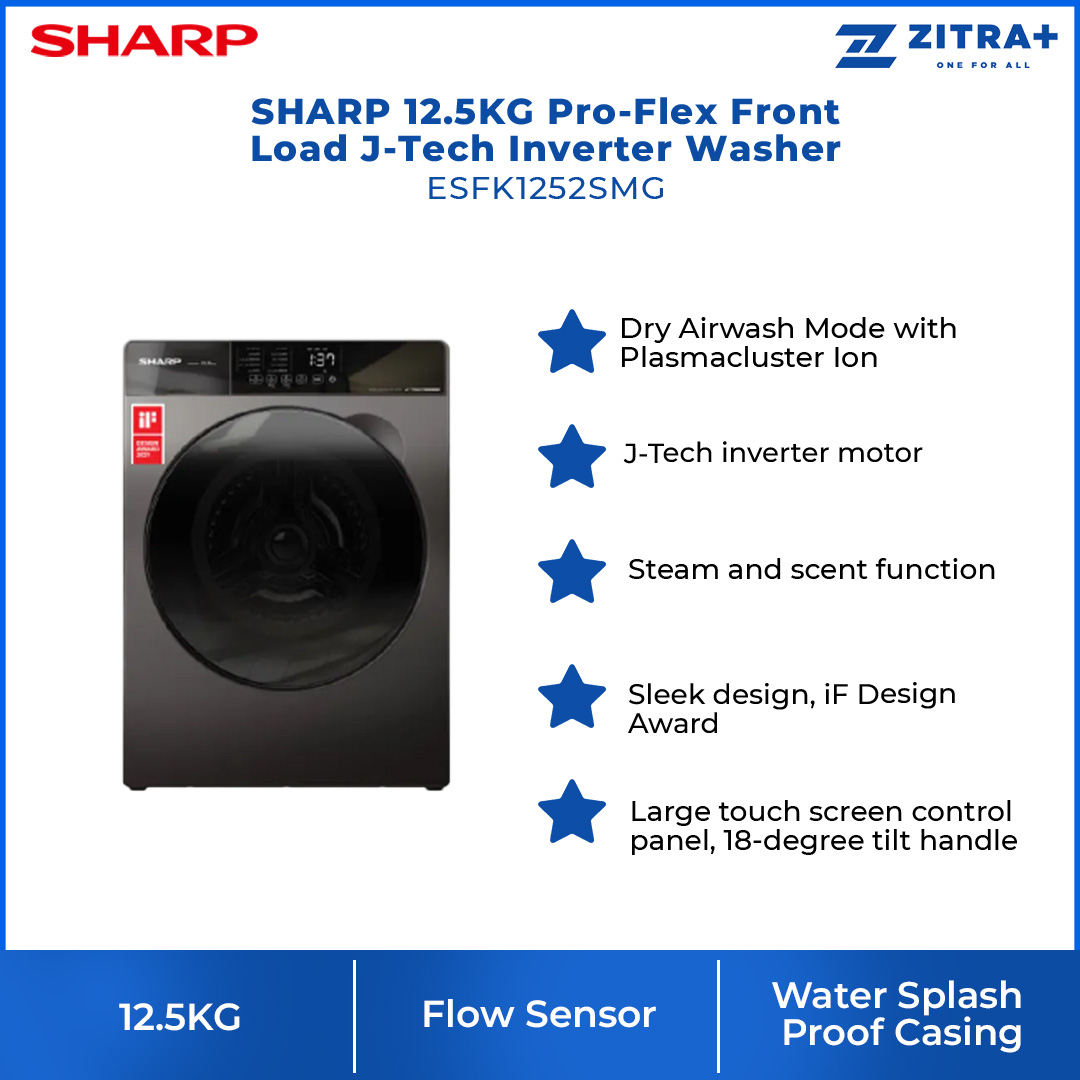 SHARP 12.5KG Pro-Flex Front Load J-Tech Inverter Washer ESFK1252SMG | Guided Control | Water Saving | Child Lock | Washer Dryer with 2 Year Warranty