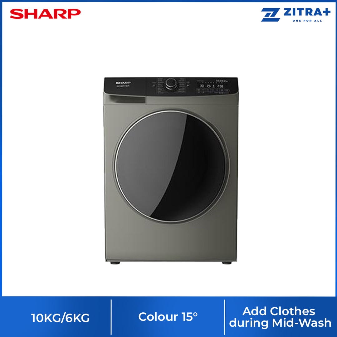 SHARP 10KG/6KG Front Load Intelligent Inverter Washer Dryer Gold ESFWV10088  | Quick Wash | Child Lock | Heat Wash | Tub Clean | Washer Dryer with 2 Year Warranty