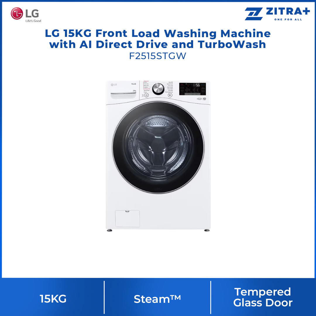 LG 15KG Front Load Washing Machine with AI Direct Drive and TurboWash F2515STGW | Tempered Glass Door & Full Stainless Lifter | Steam | WiFi Control | Washing Machine with 1 Year Warranty 