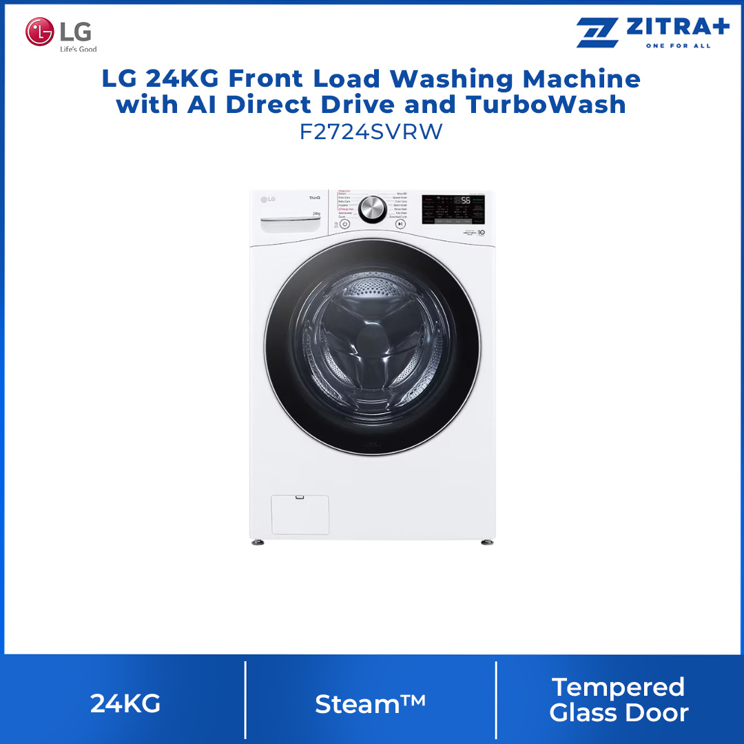 LG 24KG Front Load Washing Machine with AI Direct Drive and TurboWash F2724SVRW | Steam™ | Tempered Glass Door | Full Stainless Lifter | Washing Machine with 2 Year Warranty