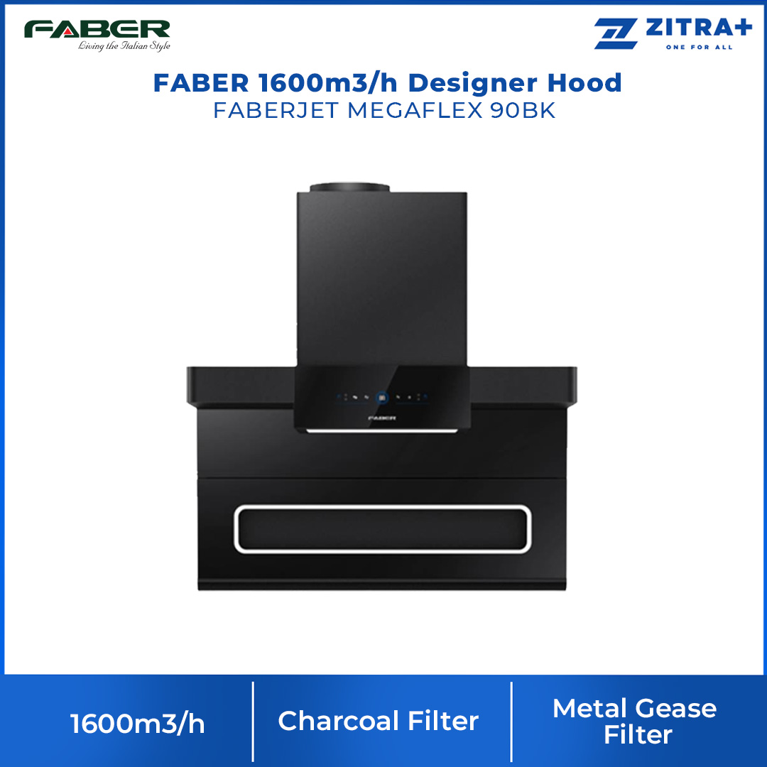FABER 1600m3/h Designer Hood FABERJET MEGAFLEX 90BK | Tempered Glass Surface | Turbo Speed Function | Auto Heat Cleaning | Hand Wave Control | Cooker Hood with 1 Year Manufacture