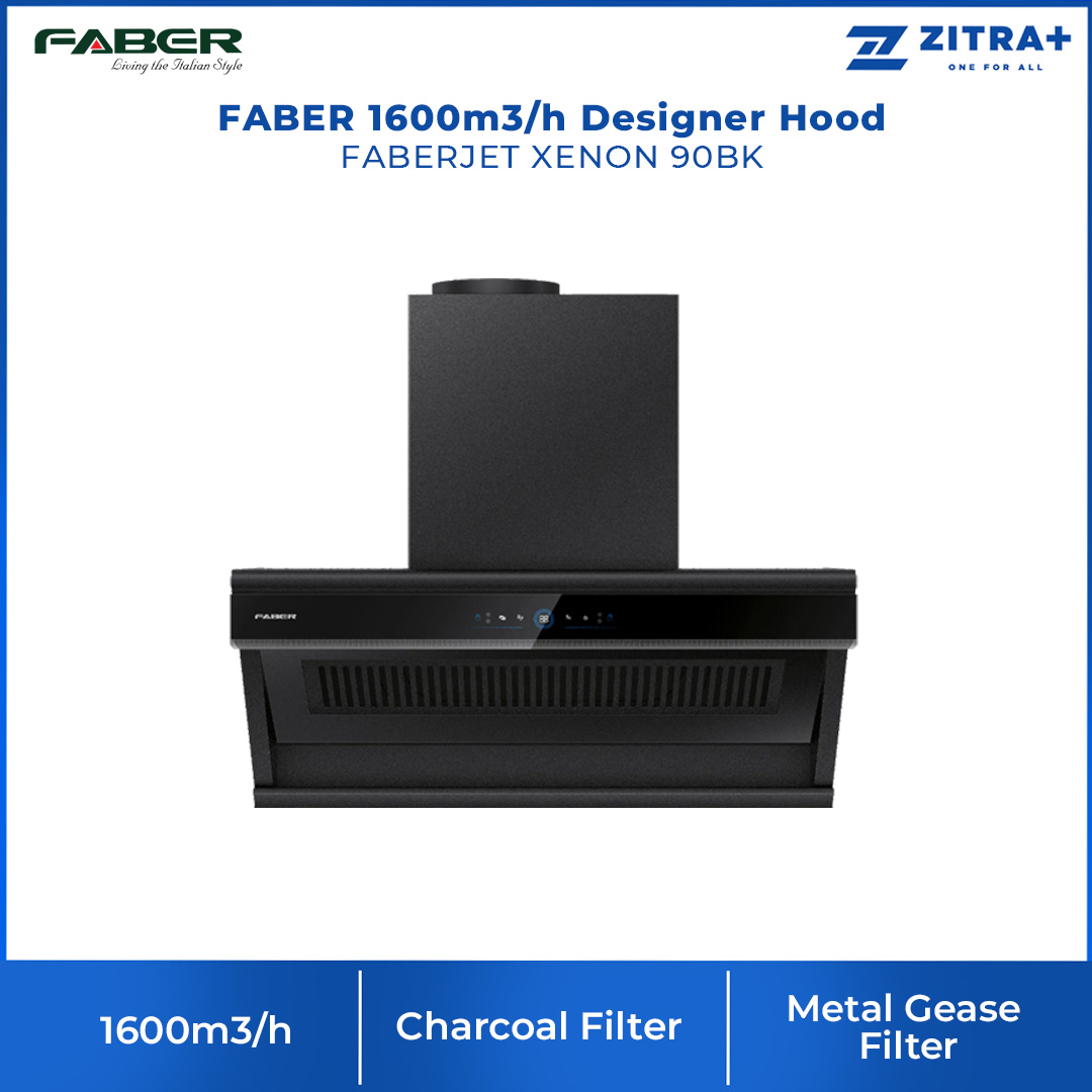 FABER 1600m3/h Designer Hood FABERJET XENON 90BK | Tempered Glass Surface | Turbo Speed Function | Auto Heat Cleaning | Hand Wave Control | Cooker Hood with 1 Year Manufacture