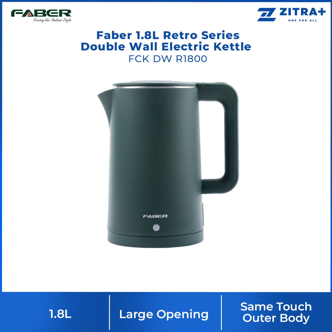 Faber 1.8L Retro Series Double Wall Electric Kettle FCK DW R1800 | 1500W | Boil-Dry Protection | Manual Lid-Opening | Kettle with 1 Year Warranty