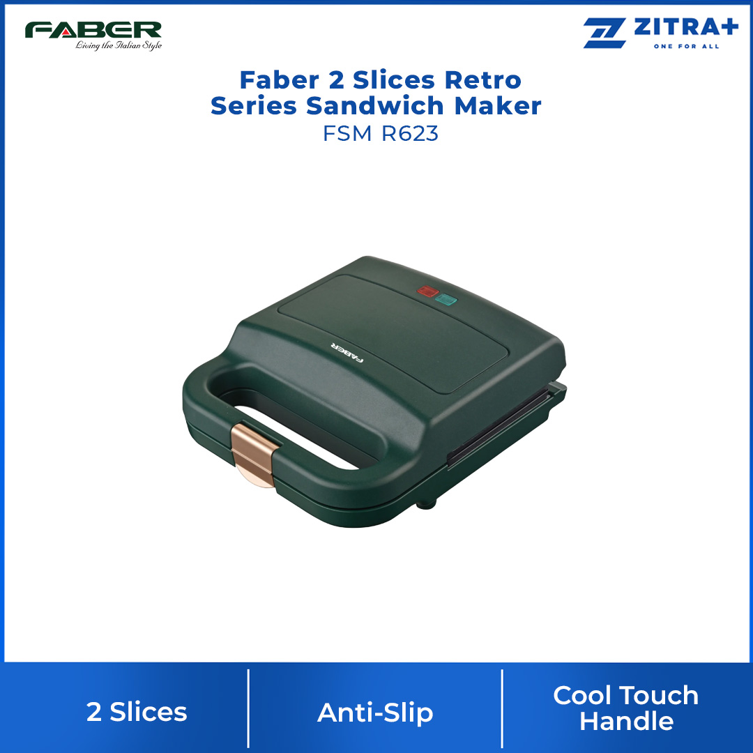 Faber 2 Slices Retro Series Sandwich Maker FSM R623 | Non Stick Plate | Automatic Temperature Control | 3 Variety Plates | Sandwich Maker with 1 Year Warranty