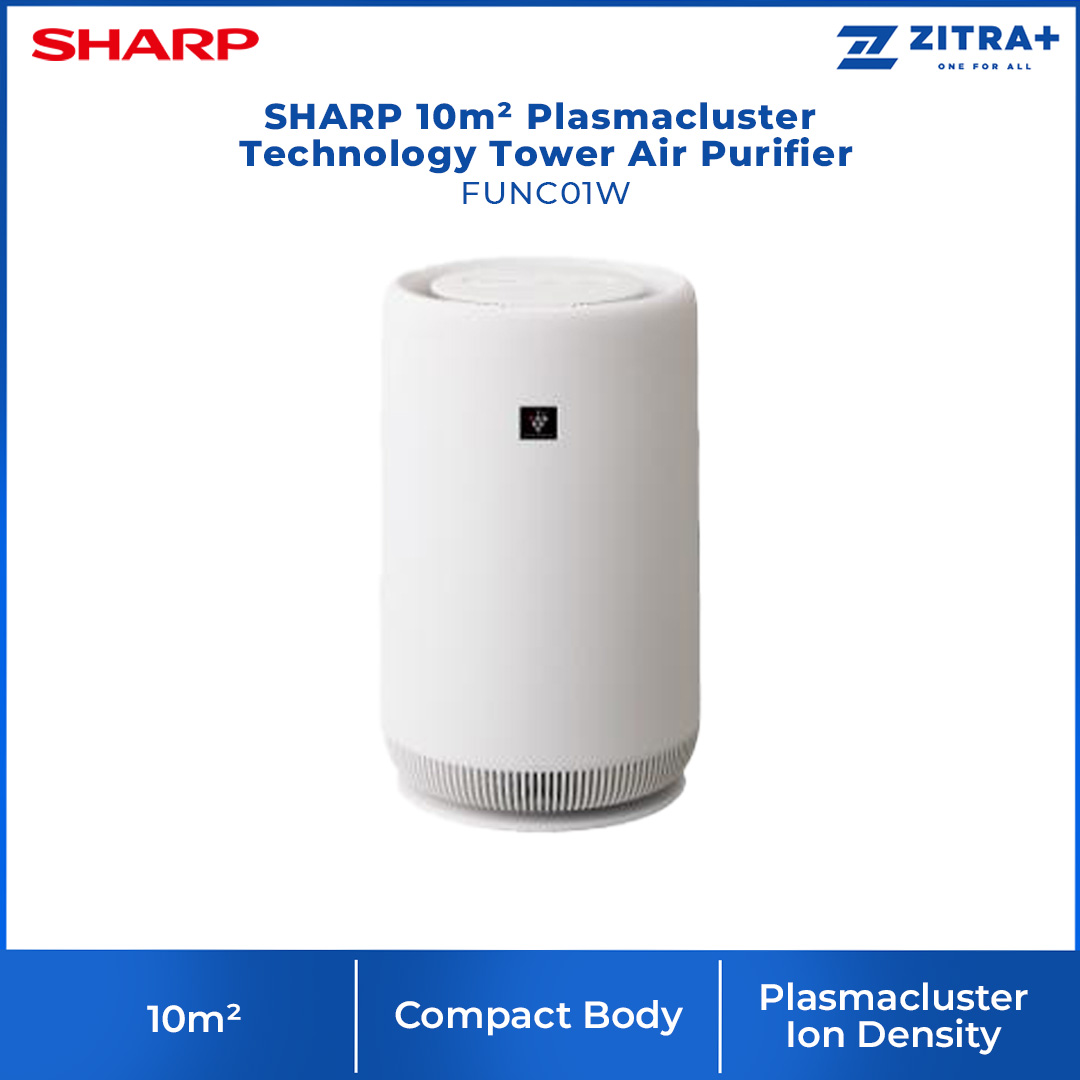 SHARP 10m² Plasmacluster Technology Tower Air Purifier FUNC01W | Removal of Odor | 360° Cylindrical Air Purification | Dust Collection | Deodorization Integrated Filter | Air Purifier with 1 Year Warranty
