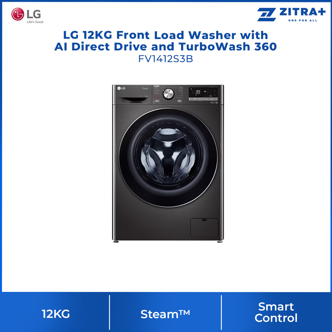 LG 12KG Front Load Washer with AI Direct Drive and TurboWash 360 FV1412S3B | Steam™ | Smart Control | Bigger Capacity | Washer with 1 Year Warranty