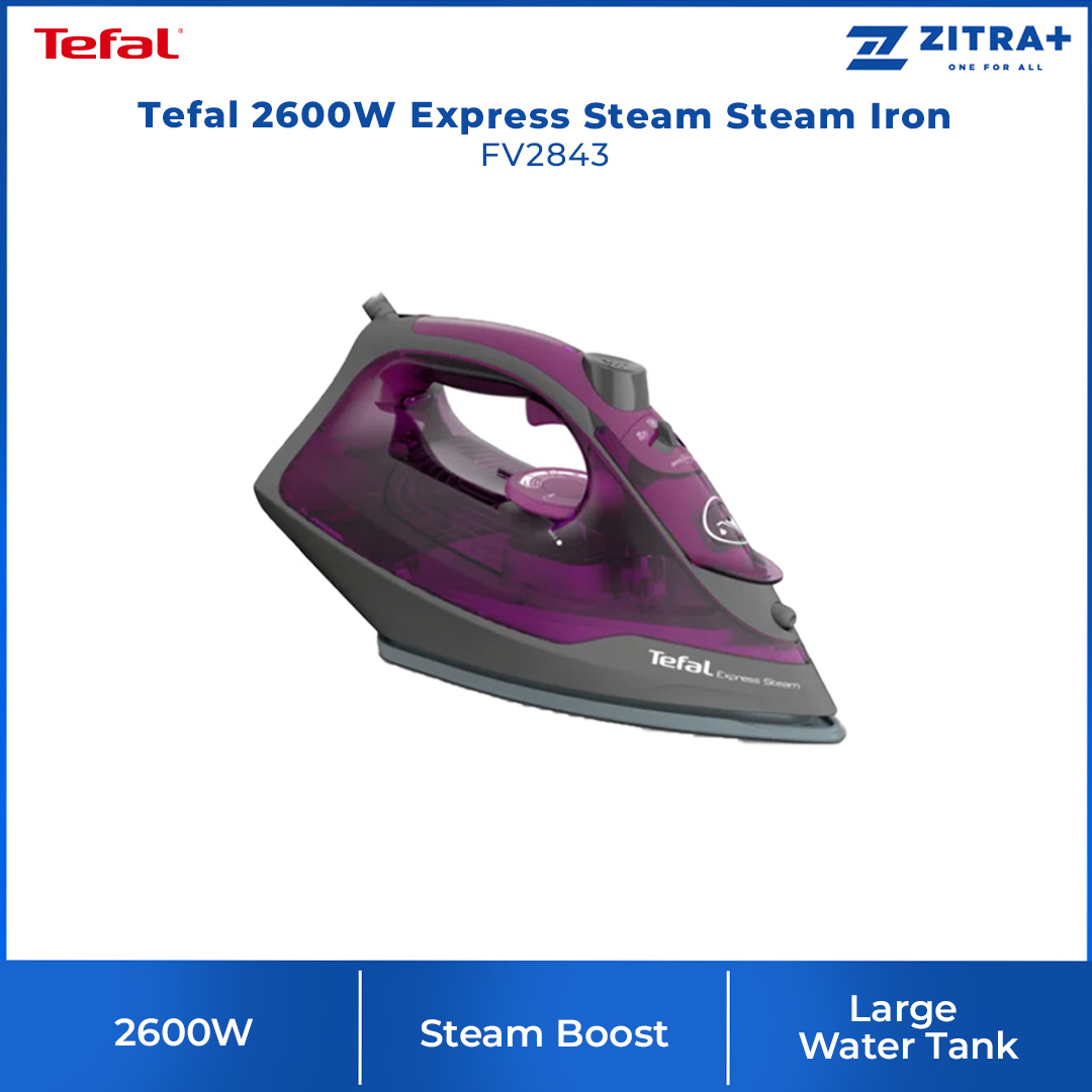 Tefal 2600W Express Steam Steam Iron FV2843 | 210W Steam Boost | 270L Water Tank Capacity | Vertical Steam | Anti-Drip | Steam Iron with 2 Year Warranty