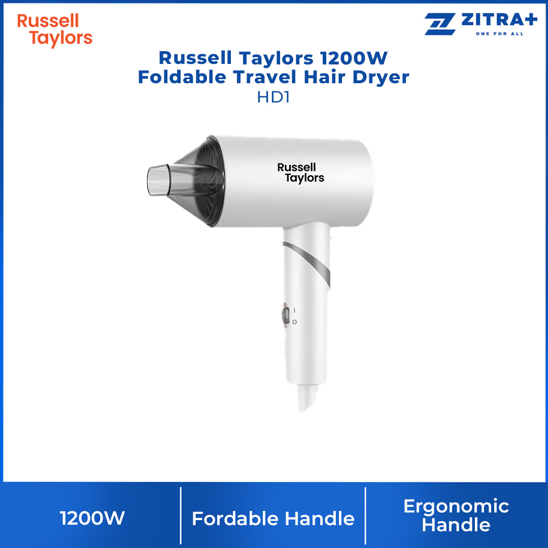 Russell Taylors 1200W Foldable Travel Hair Dryer HD1 | 1200W Power | 2-Speed Powerful Airflow | Ergonomic Handle | Hair Dryer with 2 Year Warranty