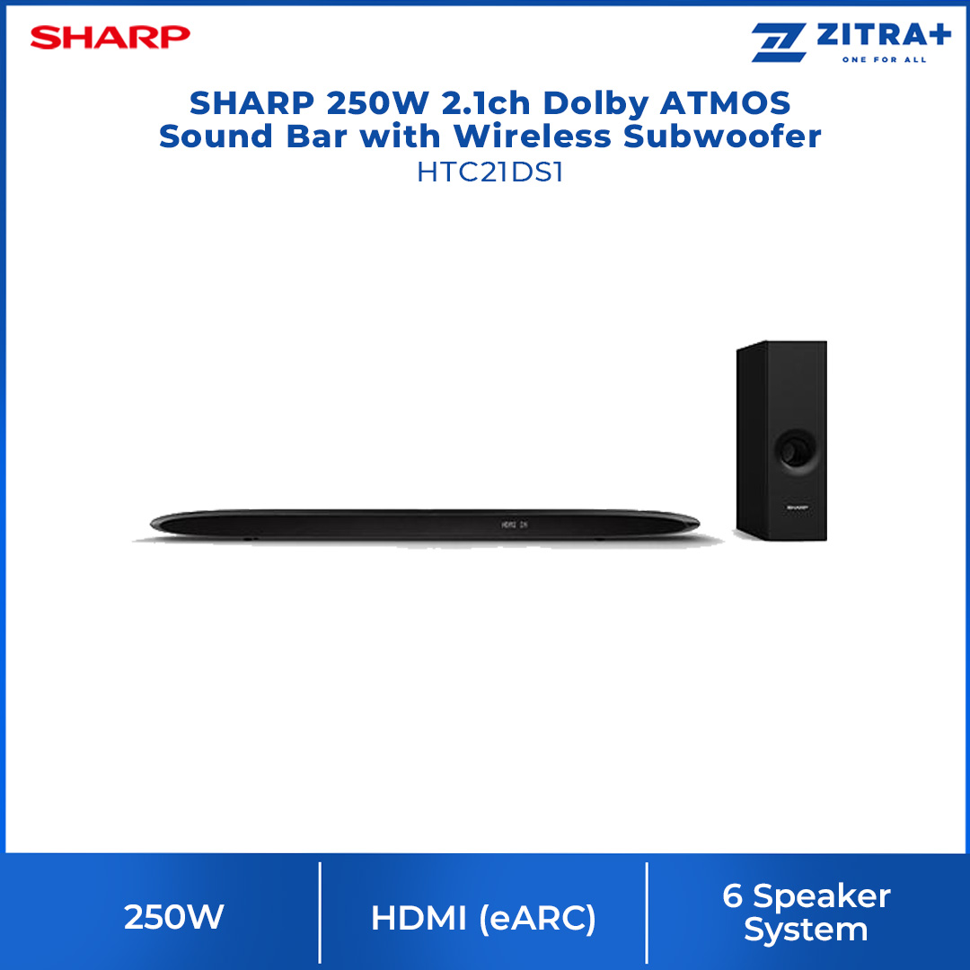 SHARP 250W 2.1ch Dolby ATMOS Sound Bar with Wireless Subwoofer HTC21DS1 | 6 Speaker System | Bluetooth | HDMI (eARC) | Sound Bar with 1 Year Warranty