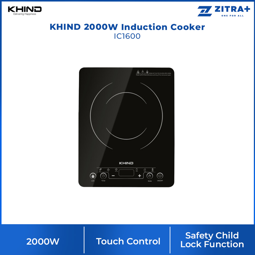 KHIND 2000W Induction Cooker IC1600 | Withstand up to 500 Celsius | Safety Child Lock | 6 Programmable Cooking Mode | Touch Control with LED Display | Mirror Finish Surface | Induction Cooker with 1 Year Warranty