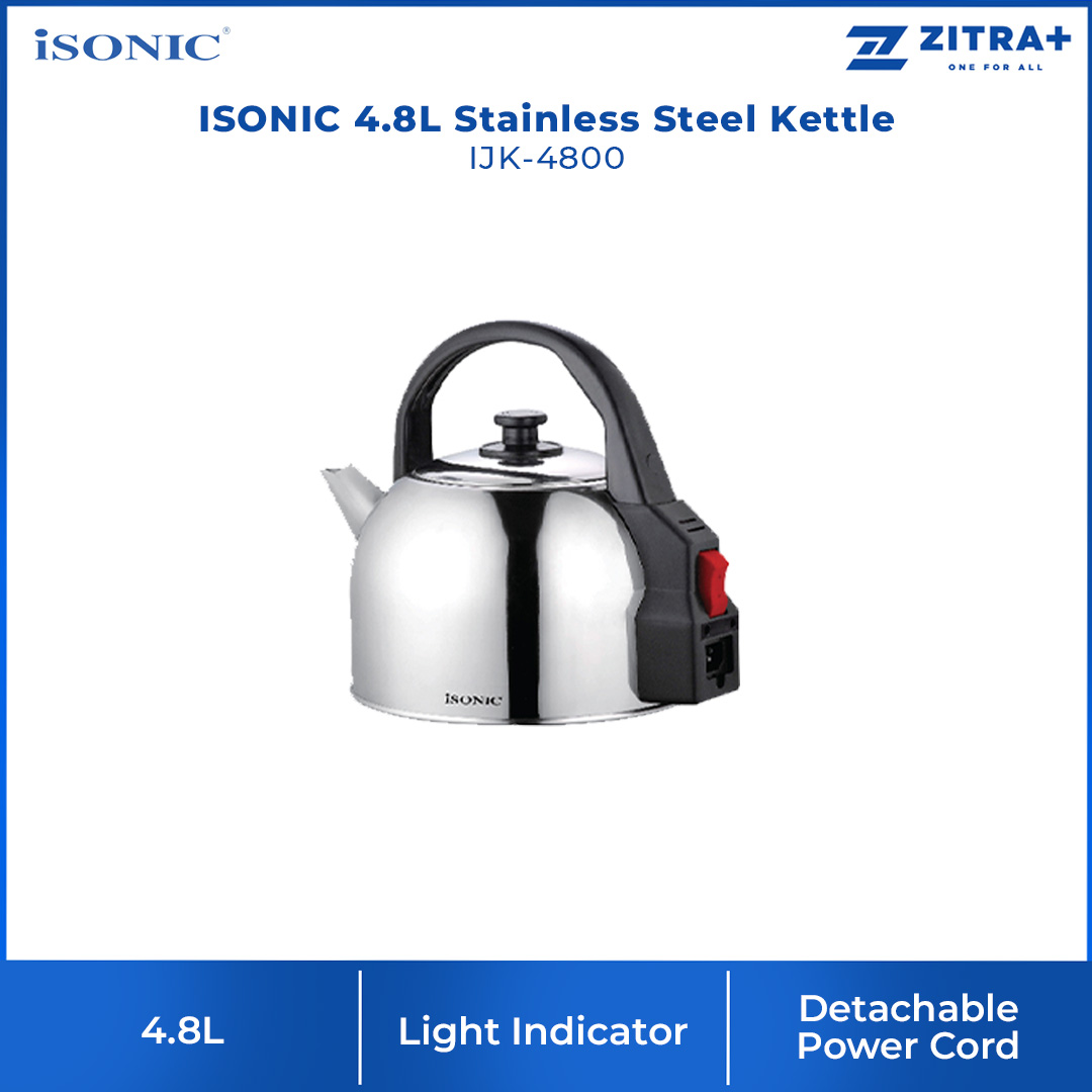 ISONIC 4.8L Stainless Steel Kettle IJK-4800 | Detachable Power Cord | Power On Light Indicator | Lift Off Lid | Kettle with 1 Year Warranty