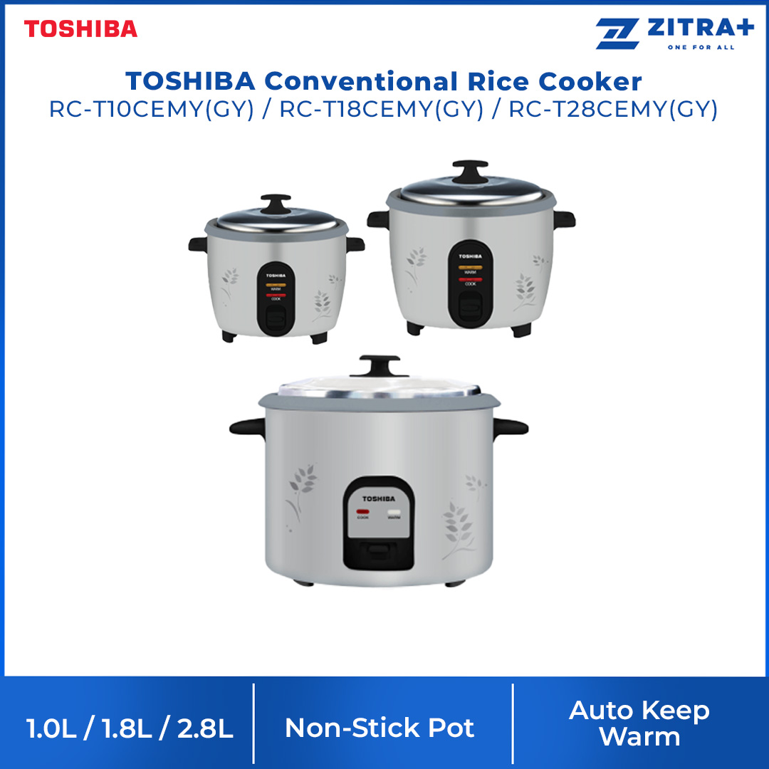 TOSHIBA 1L/1.8/2.8L Conventional Rice Cooker RC-T10CEMY(GY)/RC-T18CEMY(GY)/RC-T28CEMY(GY) | Non-Stick Pot | Automatic Keep Warm | Burn Protection | Rice Cooker with 1 Year General Warranty
