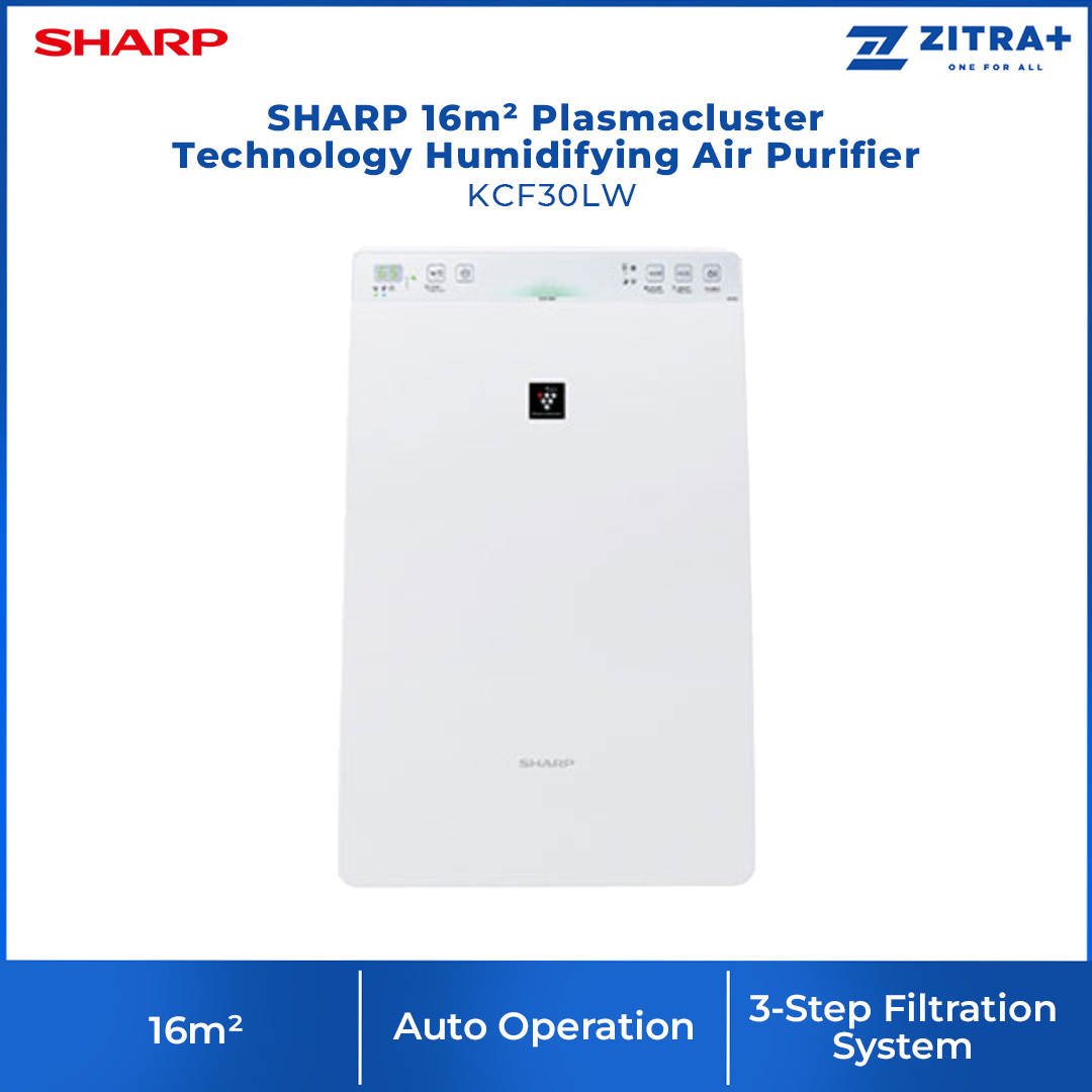 SHARP 16m² Plasmacluster Technology Humidifying Air Purifier KCF30LW | Off Timer | Humidity and Temperature Display | Auto Restart | Air Purifier with 1 Year Warranty