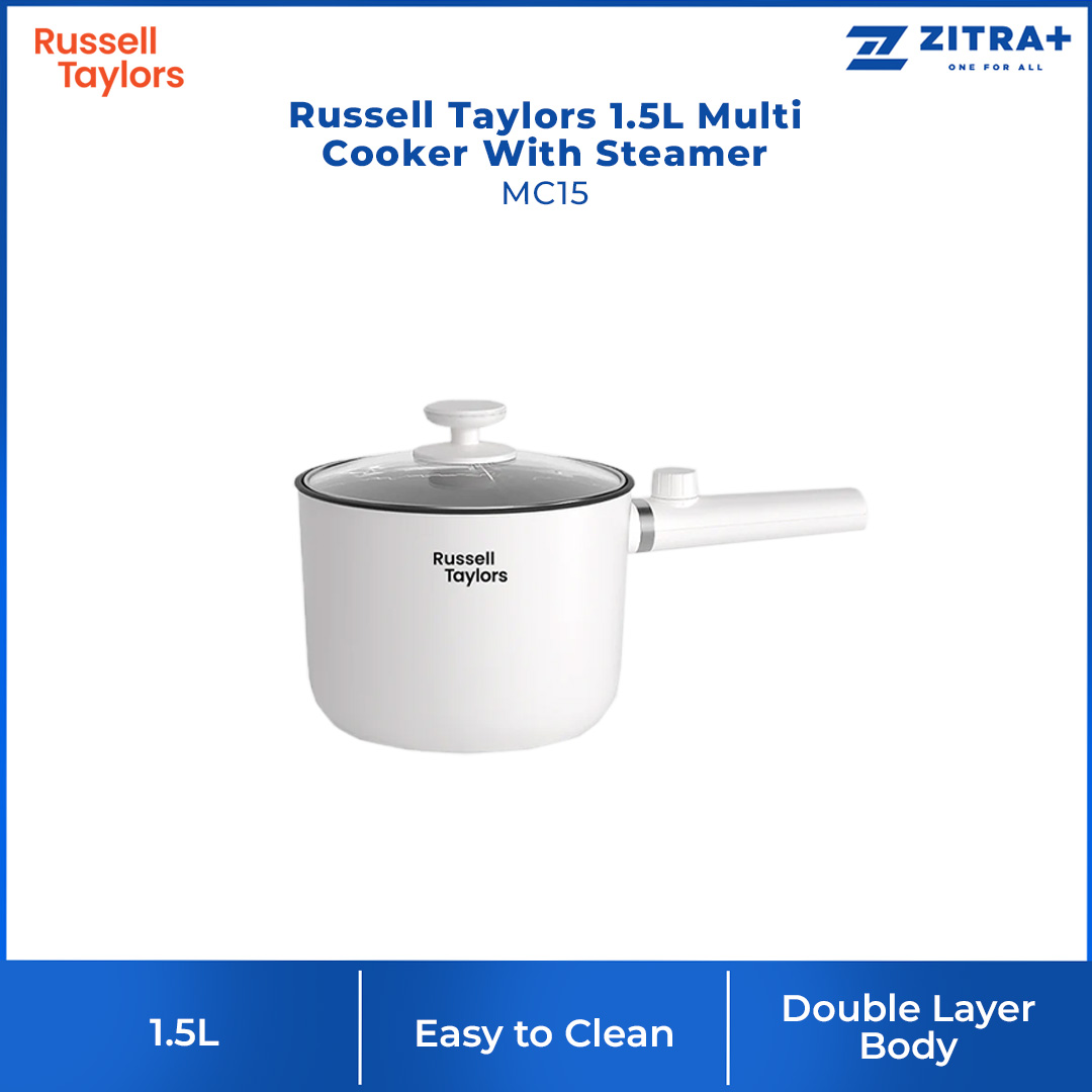 Russell Taylors 1.5L Multi Cooker With Steamer MC15 | 600W Power | 2 Level Temperature Control | Transparent Lid | Cooker with 2 Year Warranty