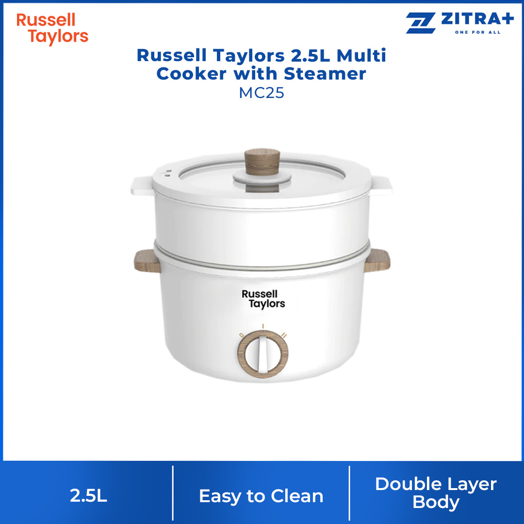 Russell Taylors 2.5L Multi Cooker with Steamer MC25 | 700W Power | All-In-One Multi Cooker | 2 Level Temperature Control | Cooker with 2 Year Warranty