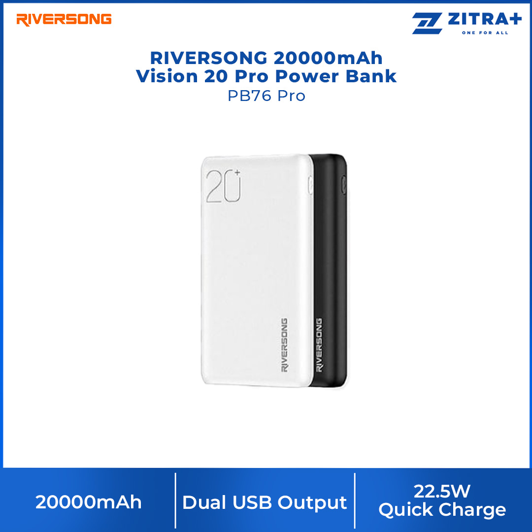 RIVERSONG 20000mAh Vision 20 Pro Power Bank PB76 Pro | 22.5w Quick Charge | Dual USB Output | Type C Input & Output | Power Bank with 1 Year Warranty