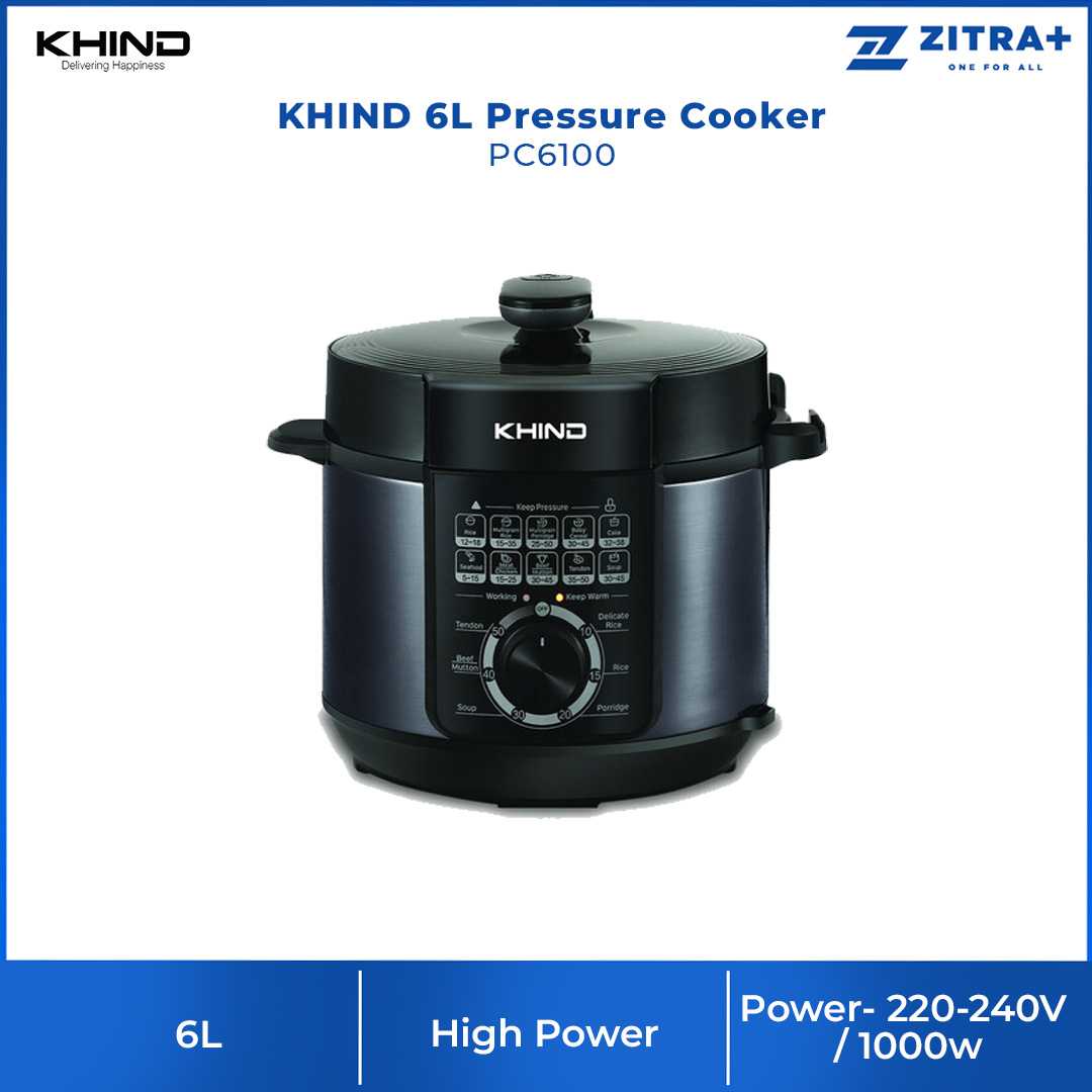 KHIND 6L Pressure Cooker PC6100 | Working Pressure 60-80kPa | Power220-240V / 1000w | 8 Multiple Safety Protections | Pressure Cooker with 1 Year Warranty
