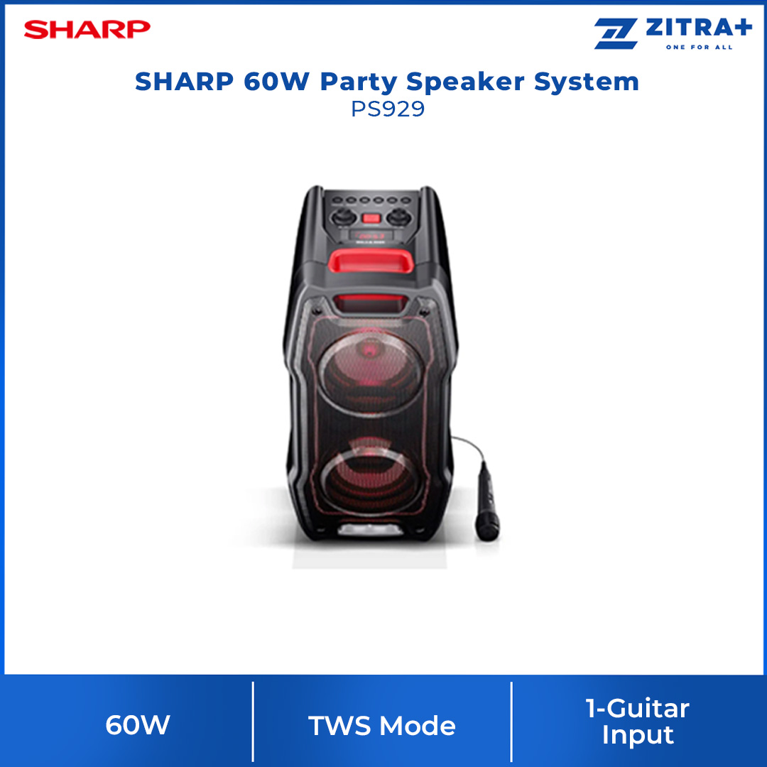 SHARP 60W Party Speaker System PS929 | Bluetooth | USB | Audio In | TWS Mode | USB Playback | 4.5AH Rechargeable Battery | Speaker with 1 Year Warranty