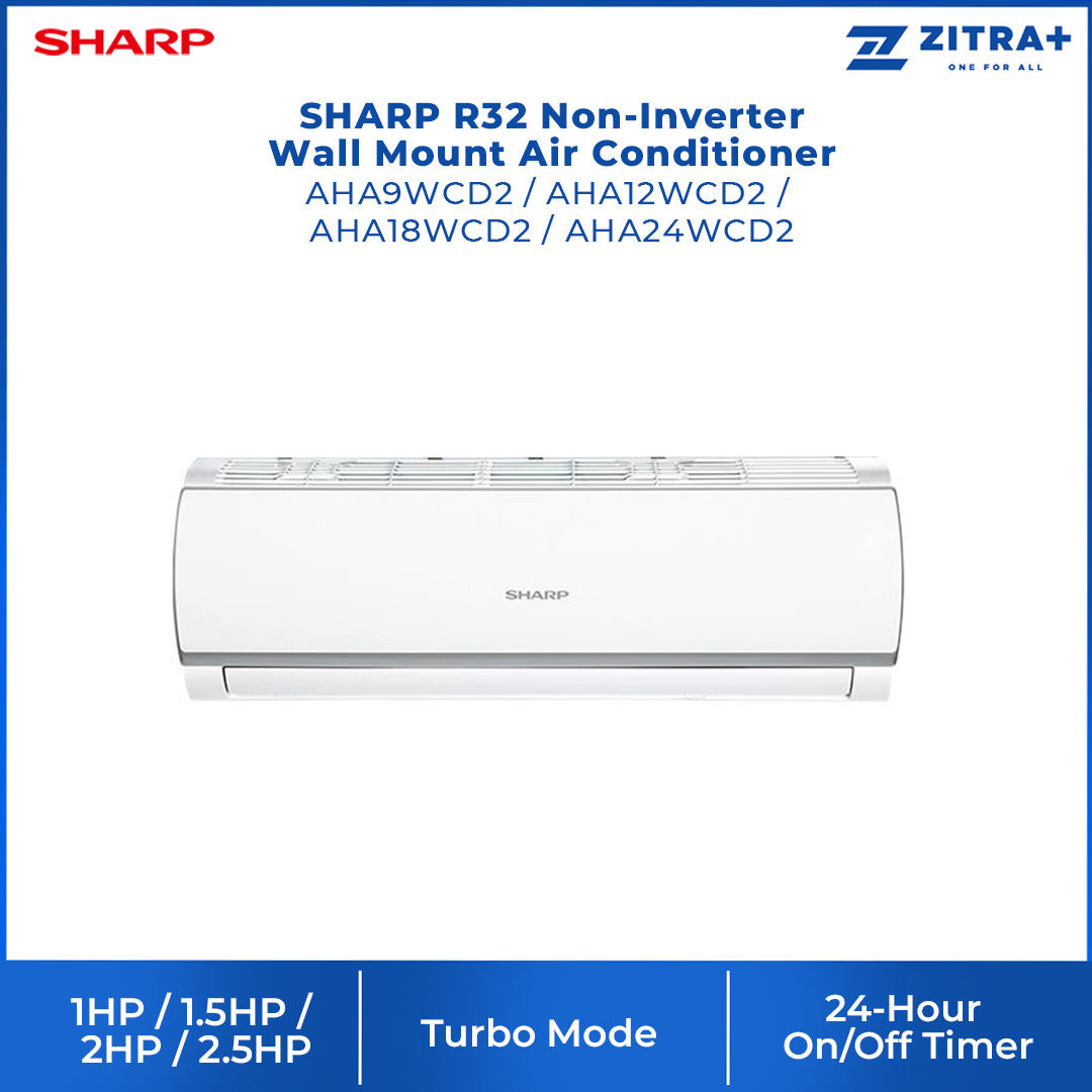 SHARP 1.0HP/1.5HP/2.0HP/2.5HP R32 Non-Inverter Wall Mount Air Conditioner | Auto & 3-Step Fan speed Setting | 24-Hour On/Off Timer | Turbo Mode | Sleep Mode | Air Conditioners with 1 Year Warranty