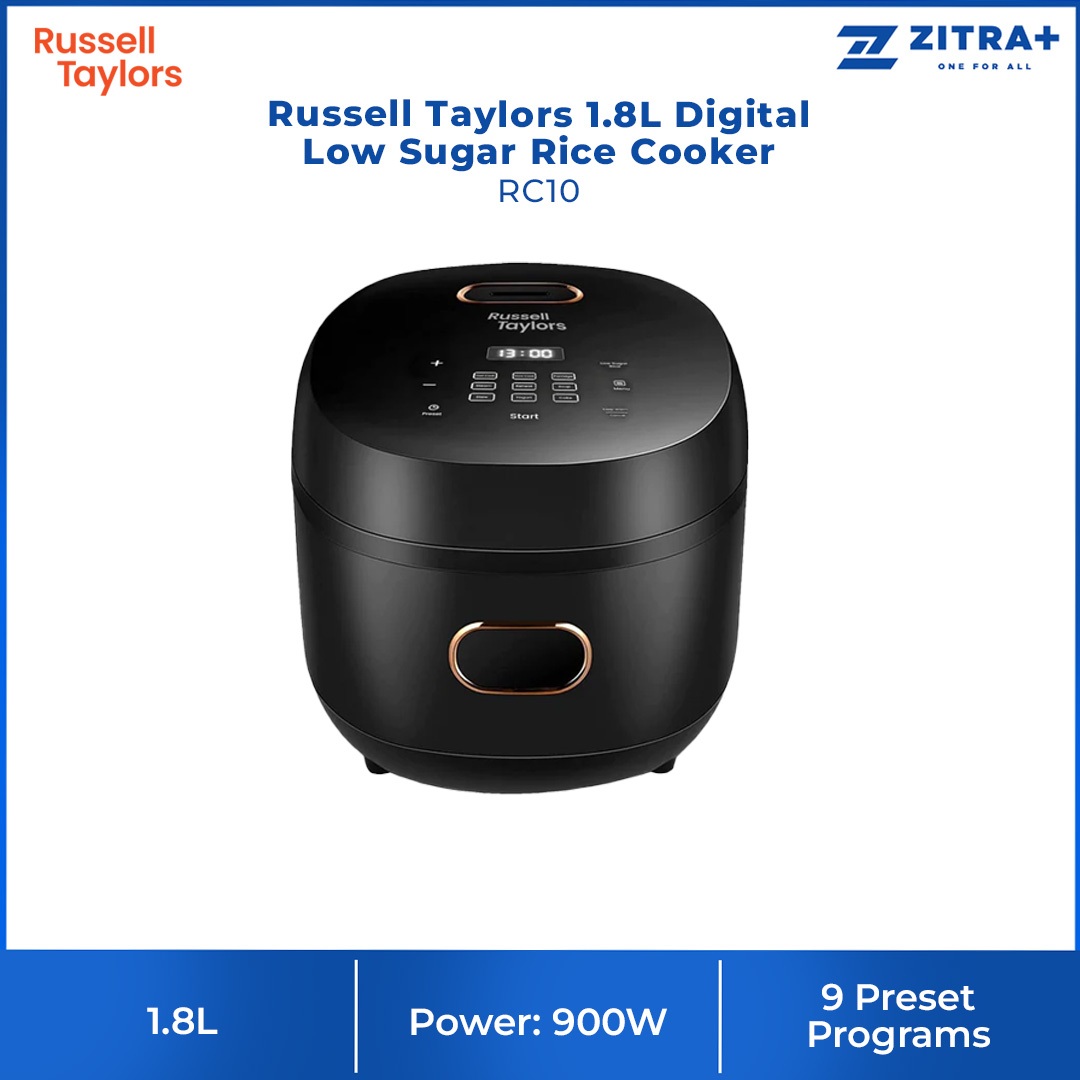 Russell Taylors 1.8L Digital Low Sugar Rice Cooker RC10 | 900W Power | 9 Preset Programs | Cutting Edge Features | Cooker with 2 Year Warranty